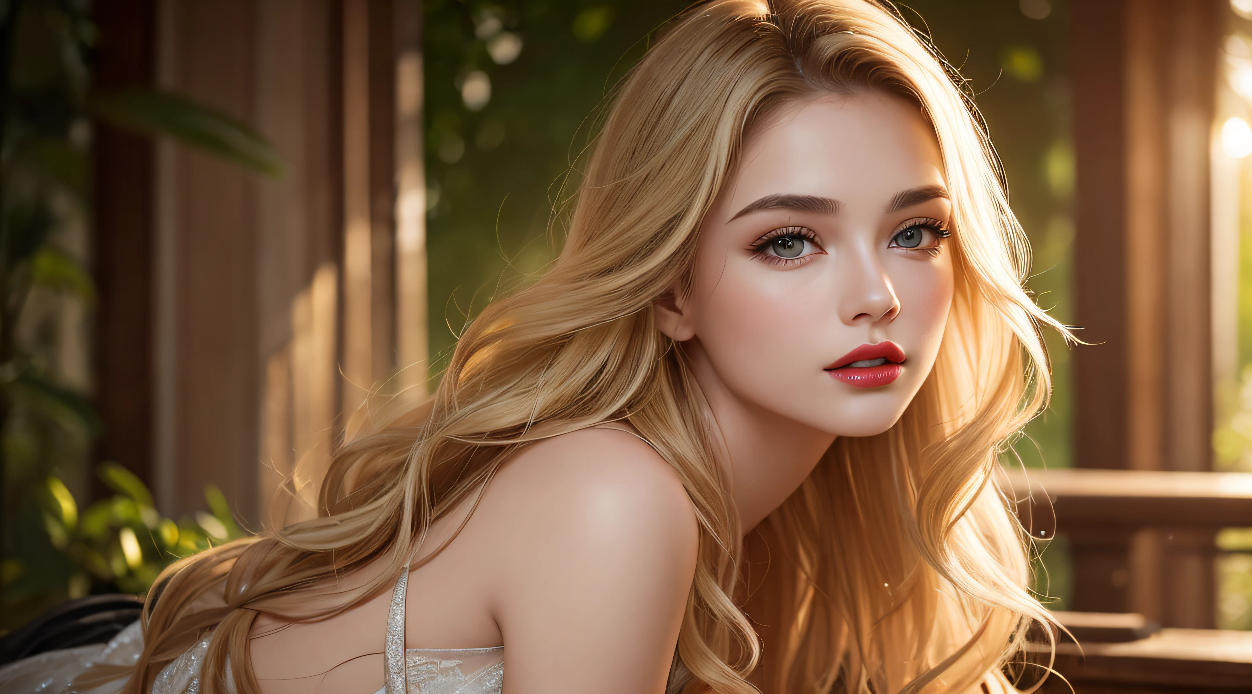 A young and beautiful woman, 20 years old, big breasts, background with forest, very detailed long and tight dress, wavy blonde hair, Gently drop to your shoulders in waves, sensual detailed position, Medium Tall, sensual green eyes, with fair skin, She was in Milan Italy, The environment is illuminated by warm and pleasant lights, Make your hair sparkle, His face was beautiful e naturally sensual, Lips with red lipstick, 8K texture, highly detailed, realistic lying, Soft cinematic light, hdr, sharp focus, masterpiece, Fotor is realistic, Award-winning photography, a Canon EOS R5, 35 mm
