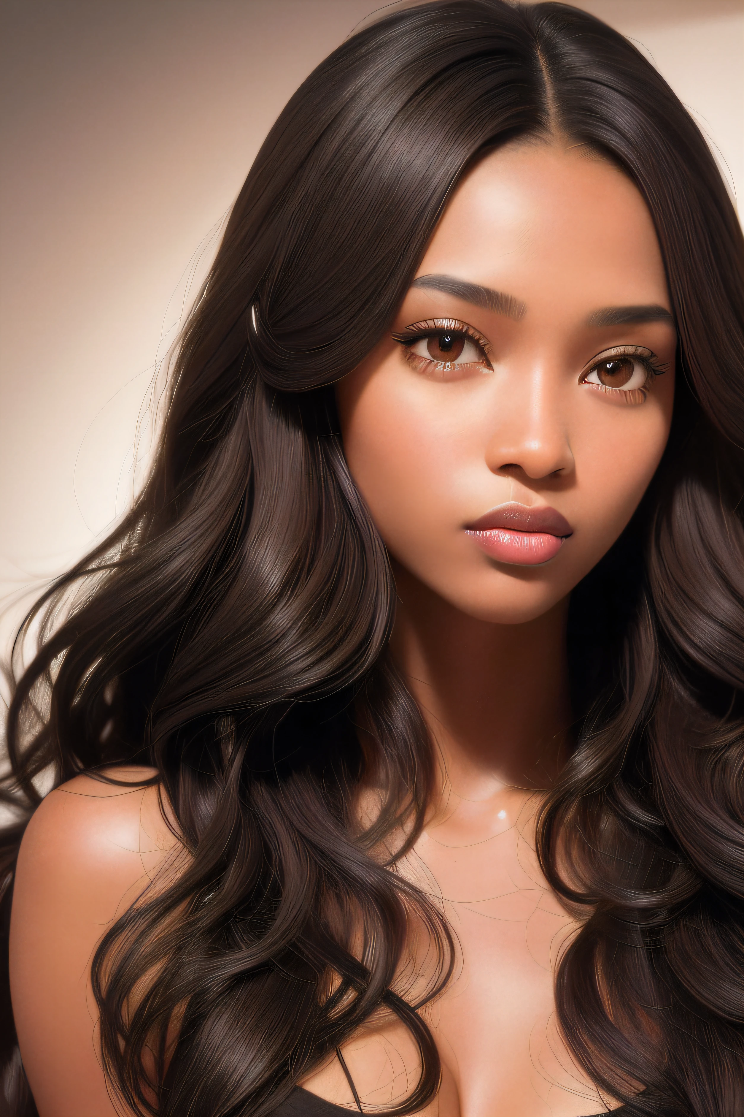 best quality, masterpiece, (realistic:1.2), 1 dark chocolate brown skin black girl, long wavy black hair, brown eyes, (front view facing camera), detailed face, soft lighting, detailed hair and lighting, beautiful eyes, two toned lips