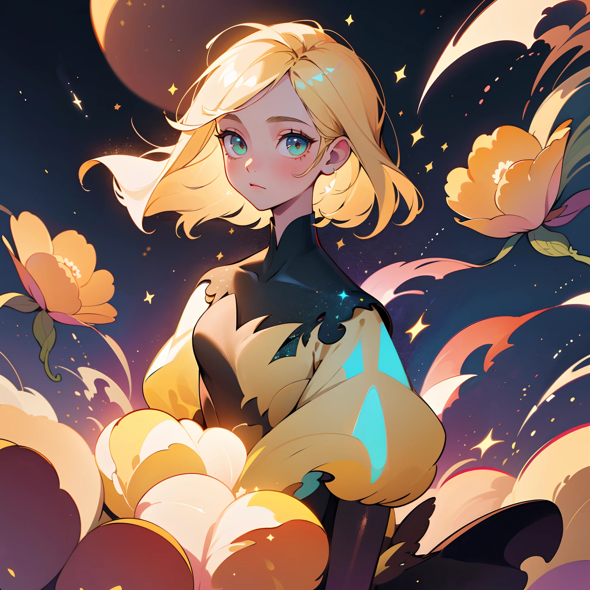 (best quality, masterpiece), 1girl, galaxy, glitter, dress, particle, wind, flower, upper body, dark simple background, looking at viewer, blonde,