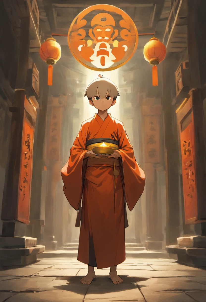 "Please create an image of a child Shaolin monk standing, wearing traditional monk robes in shades of red and gold. The boy monk should be in a quiet meditation pose, with his hands resting on his crossed legs. However, instead of a human head, the boy monk should have the Yin Yang symbol in black and white. The Yin Yang symbol should be placed where the boy monk's head would normally be, and its shape should blend harmoniously with the body of the boy monk. The environment around the monk could be an ancient temple with hanging paper lanterns and lush plants. Soft lighting should enhance the serenity of the scene. The image should convey a sense of balance, tranquility and the coming together of opposites ."