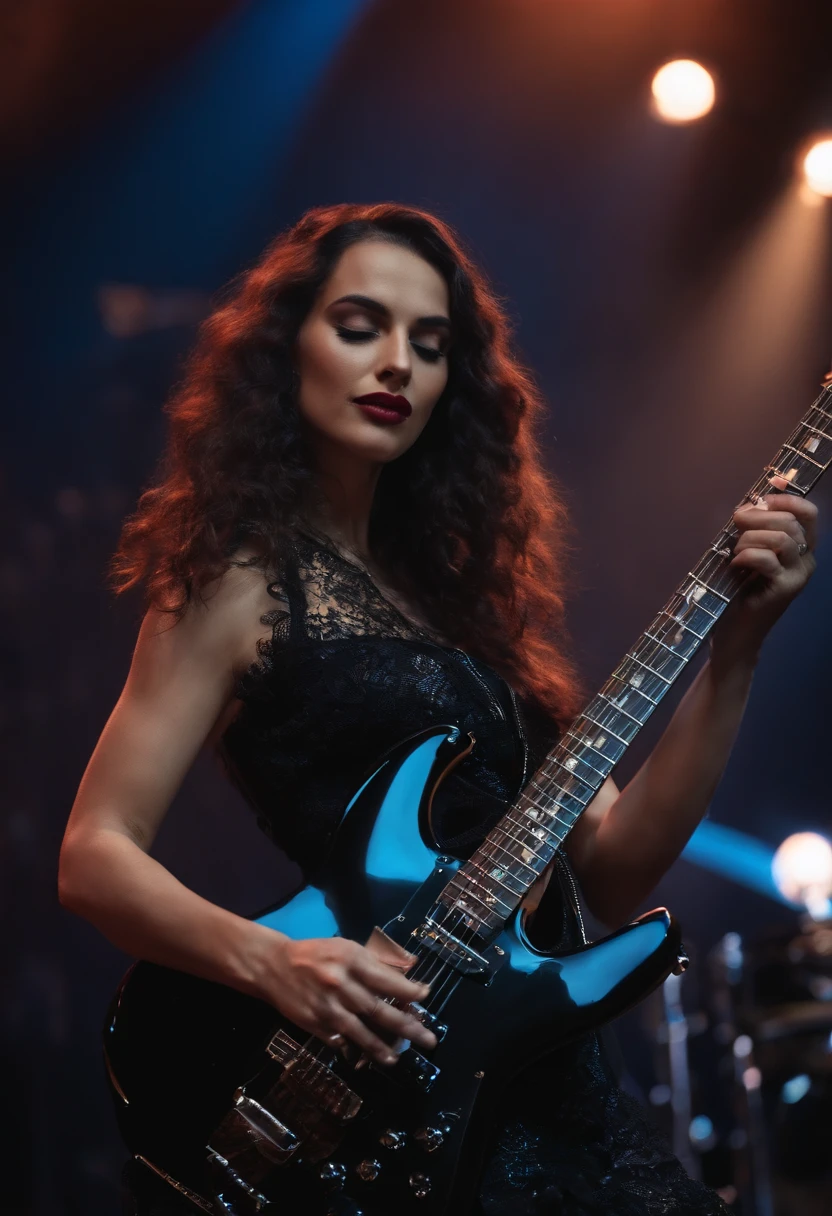 Realista, 4k, Kinematic, una Guitarrista mujer bella y sexy con manos bien definidas, ropa negra sexy, An exceptional electric guitar well done, en la imagen de fondo un concierto de rock (caos), Obra maestra