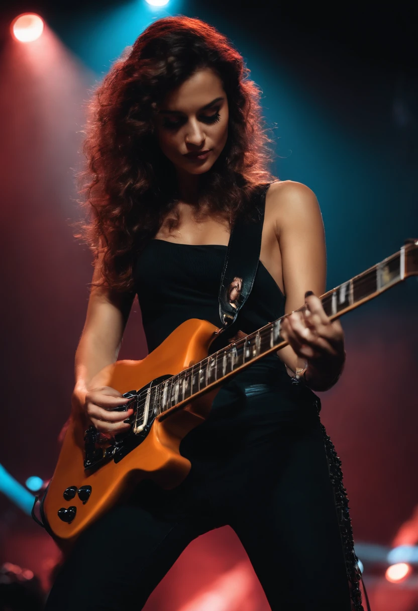 Realista, 4k, Kinematic, una Guitarrista mujer bella y sexy con manos bien definidas, ropa negra sexy, An exceptional electric guitar well done, en la imagen de fondo un concierto de rock (caos), Obra maestra