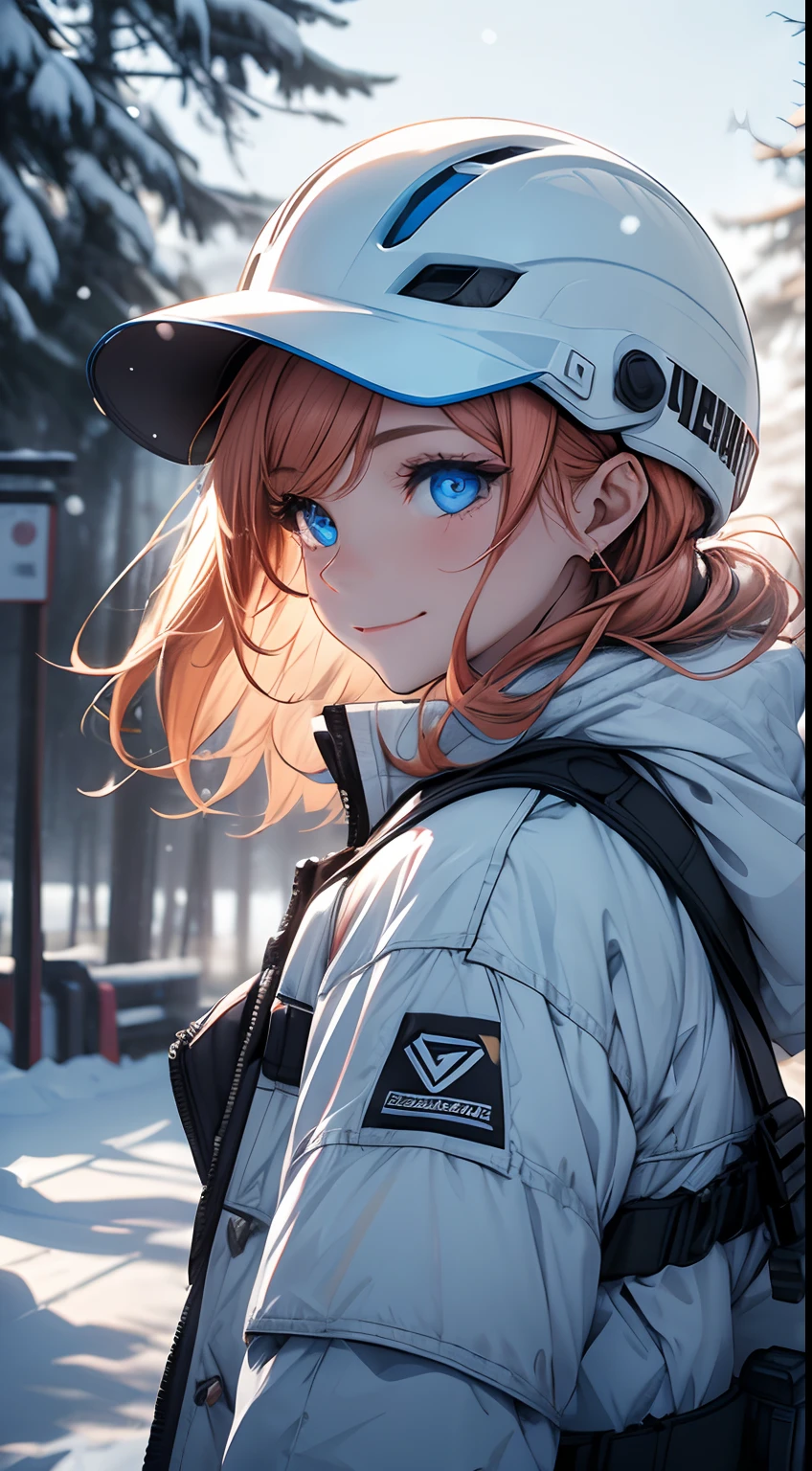 a close up of a woman with ski helment, ((the helmet has a visor)), the helmet is colorful, the woman is using white clothes, she has ginger hair, she has blue eyes, is outside, is snowing, there is trees in the background, she is smilling, she has an beautiful hair, the temperature is cold, the image transmit a happy feeling, an adventure spirit, snow flokes, wind, (glowing eyes), perfect light, dramatic light, perfect face, expressive eyes, ultrarealistic, masterepiece, award winner image, best quality