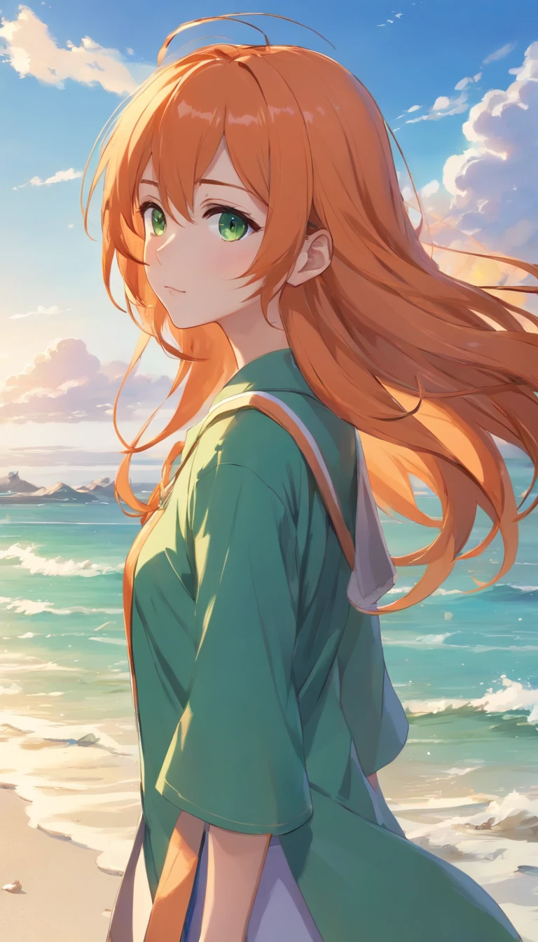 anime girl with long orange hair standing on beach near ocean, green eyes detailed digital anime art, anime girl with long hair, smooth anime cg art, anime girl with long hair, digital anime art, artwork in the style of guweiz, beautiful anime portrait, photorealistic anime girl render, beautiful anime girl, advanced digital anime art, guweiz on artstation pixiv HD UHD HQ