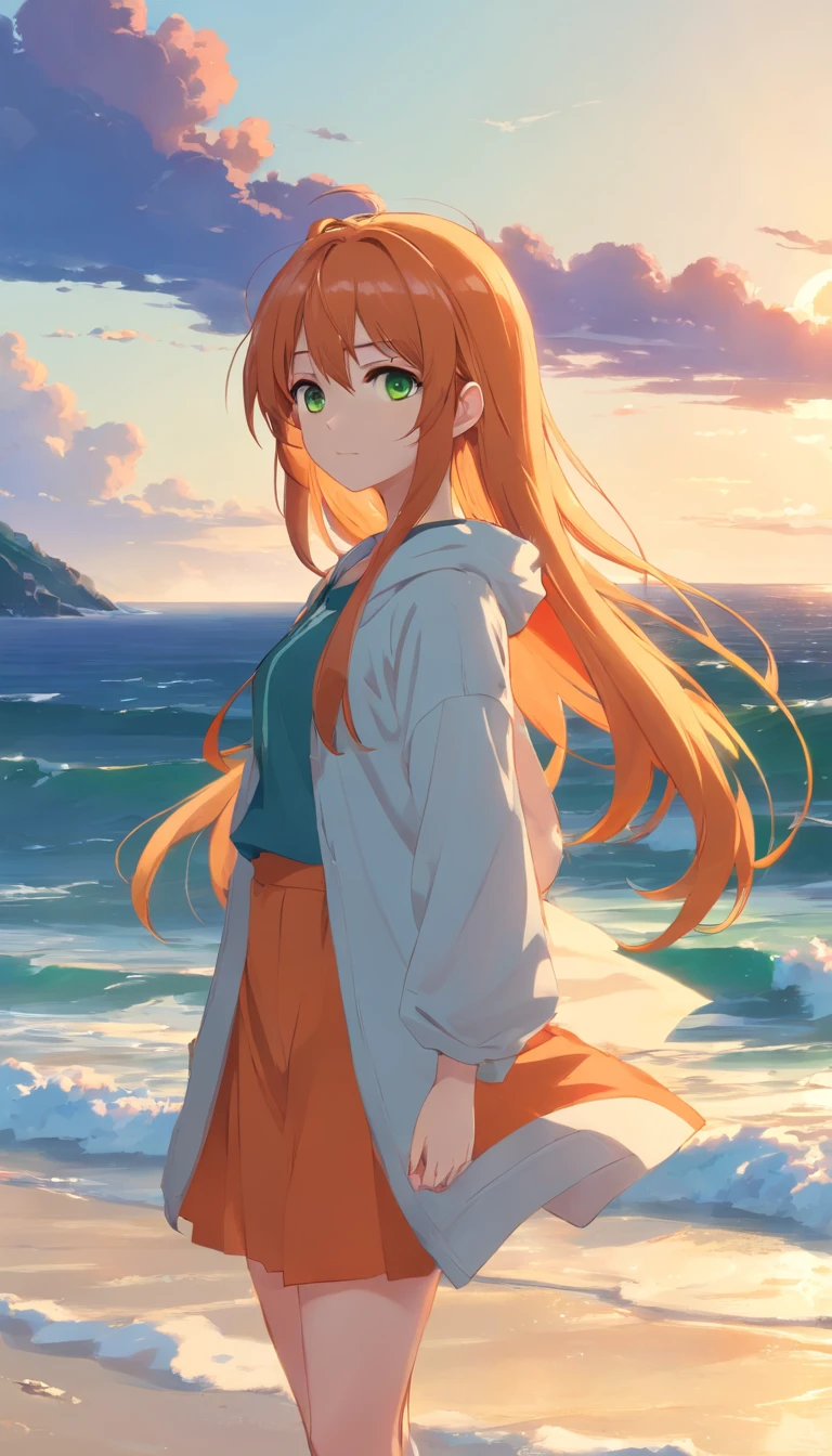anime girl with long orange hair standing on beach near ocean, green eyes detailed digital anime art, anime girl with long hair, smooth anime cg art, anime girl with long hair, digital anime art, artwork in the style of guweiz, beautiful anime portrait, photorealistic anime girl render, beautiful anime girl, advanced digital anime art, guweiz on artstation pixiv HD UHD HQ
