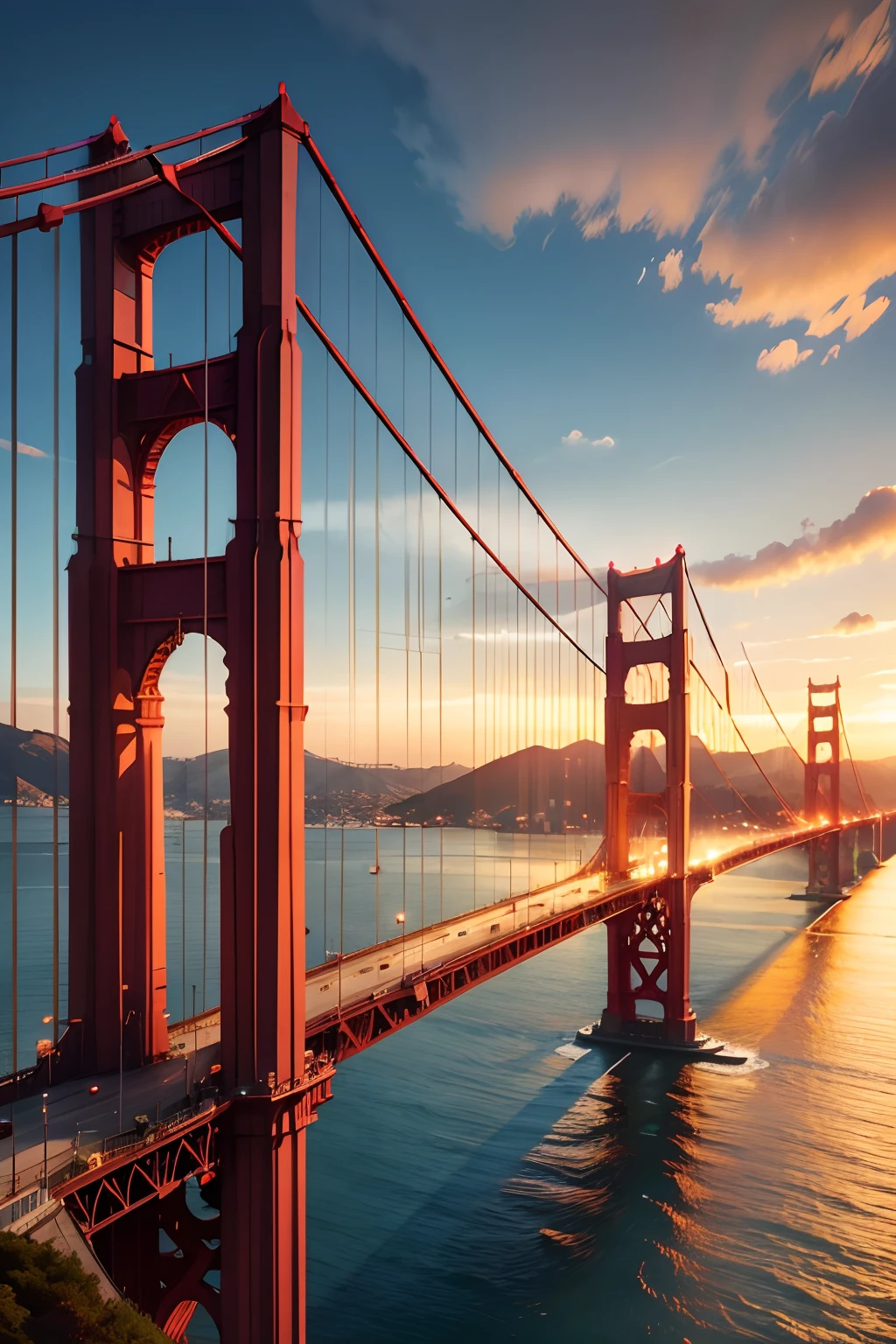 best quality,highres,masterpiece:1.2,ultra-detailed,realistic view of San Francisco's iconic Golden Gate Bridge at sunset,beautiful cityscape,impressive architectural structure,dramatic lighting,romantic atmosphere,colorful sunset sky with vibrant hues,sparkling reflections on the water,imposing towers and sweeping suspension cables,flawless craftsmanship of the bridge,exquisite details of the bridge's intricate design,captivating view from a hilltop overlooking the bridge and city skyline,the bridge emerges majestically from the fog,creating a sense of mystery and awe,panoramic viewpoint showcasing the bridge's vast span and its connection between land and sea,feeling of serenity and tranquility as the bridge stands tall against the backdrop of the Pacific Ocean,unforgettable silhouette of the bridge against the colorful sky,mesmerizing play of light and shadow,contrast between the warm tones of the sunset and the cool tones of the ocean,gentle breeze blowing through the surrounding nature,whispering secrets of the city and the bridge's rich history,unforgettable experience of witnessing this architectural marvel in person.