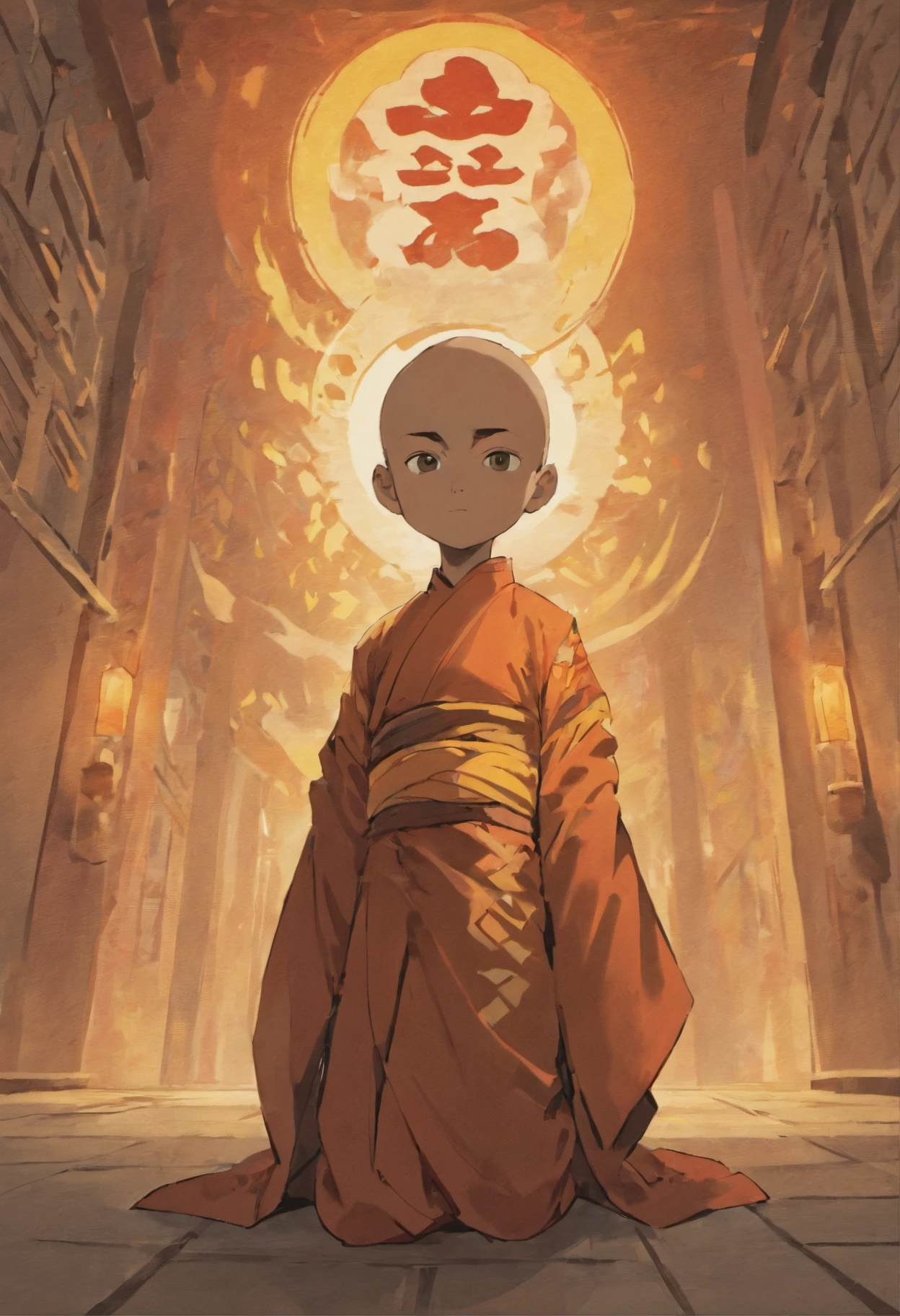 "Please create an image of a child Shaolin monk standing, wearing traditional monk robes in shades of red and gold. The boy monk should be in a quiet meditation pose, with his hands resting on his crossed legs. However, instead of a human head, the boy monk should have the Yin Yang symbol in black and white. The Yin Yang symbol should be placed where the boy monk's head would normally be, and its shape should blend harmoniously with the body of the boy monk. The environment around the monk could be an ancient temple with hanging paper lanterns and lush plants. Soft lighting should enhance the serenity of the scene. The image should convey a sense of balance, tranquility and the coming together of opposites ."