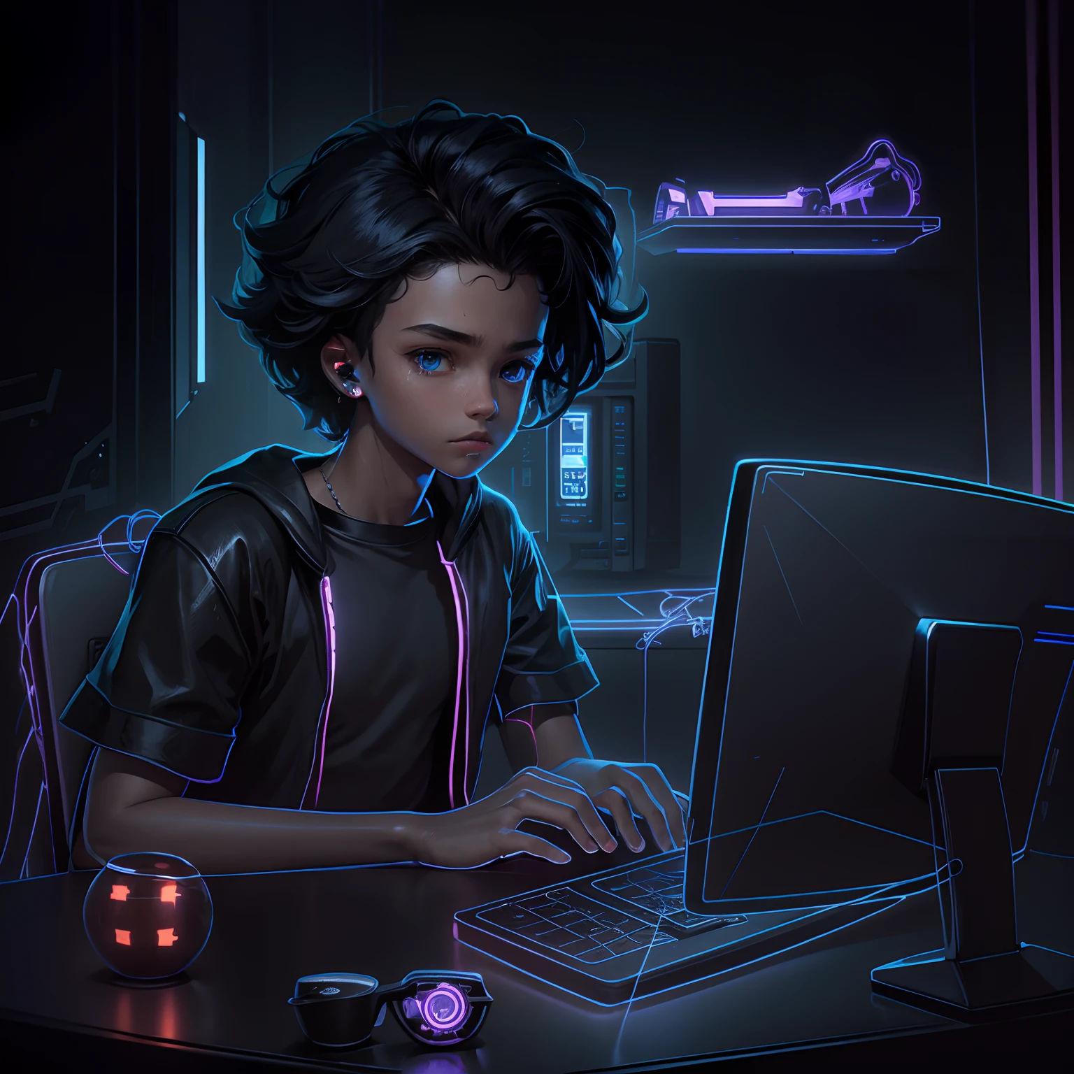 A boy in a room, cyberpunk setting,, black hair