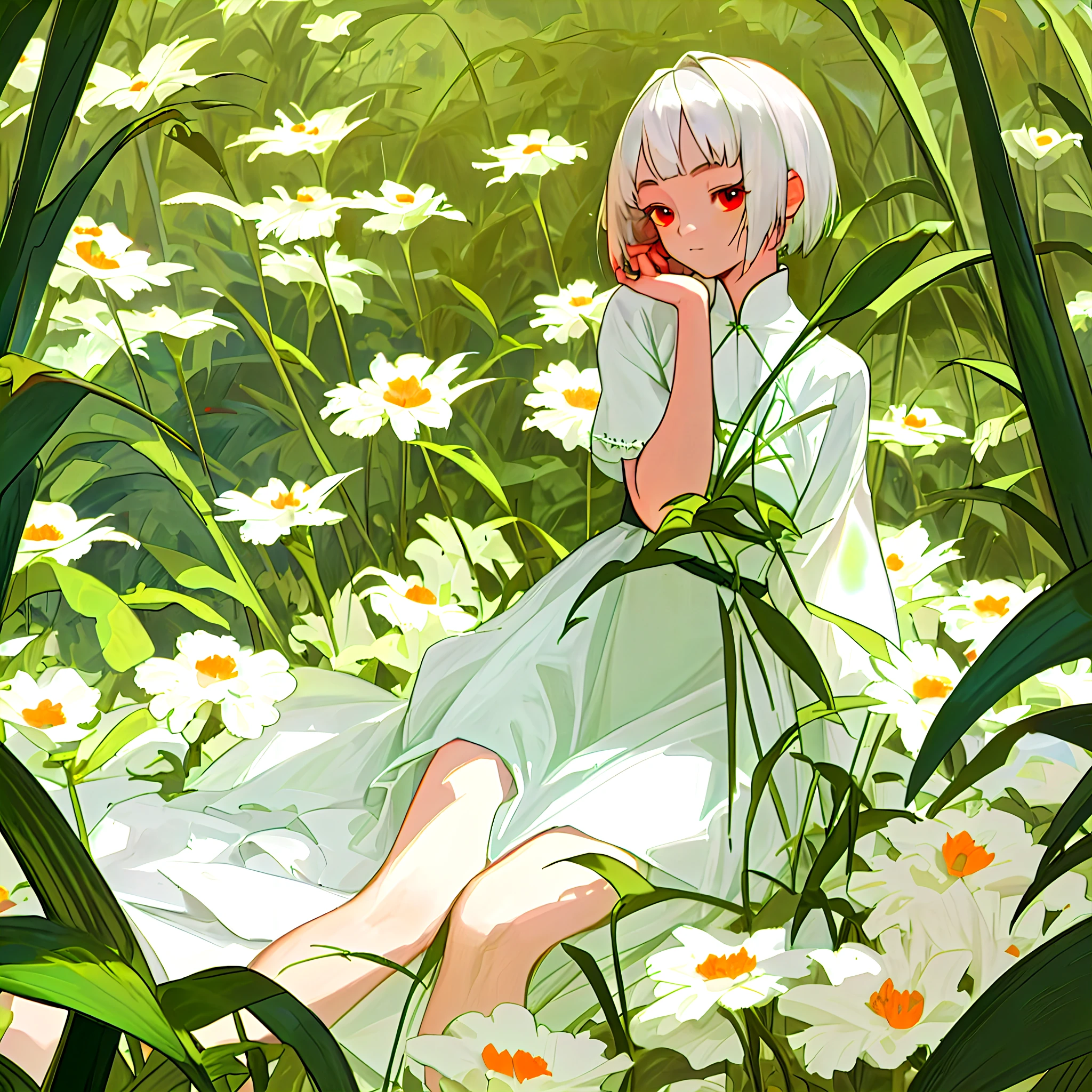 (masterpiece, best quality), (nsfw: 2.0), 1girl with short white hair and red eyes sitting in a field of green plants and flowers, her hand under her chin, warm lighting, white dress, microbikini