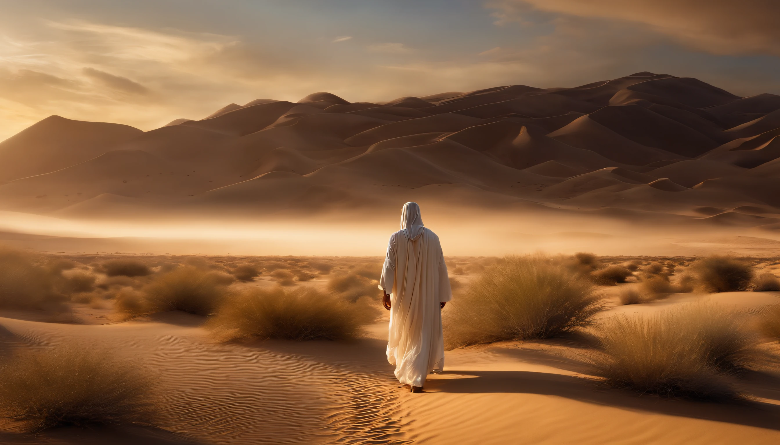 an astonishingly lifelike image of Jesus Christ walking alone in the desert, his back turned towards the viewer, 16K, with the desert landscape stretching infinitely ahead. Pay meticulous attention to every detail. Jesus should be portrayed in authentic, historically accurate attire, wearing a flowing robe and sandals. His hair and beard should be crafted with utmost realism.

In the sky above, create dramatic, billowing clouds that gather ominously, adding a sense of both wonder and foreboding to the scene. The desert terrain should be depicted in exquisite detail, with undulating sand dunes, jagged rocks, and patches of arid vegetation. The lighting should be expertly rendered, with the sun casting long shadows and a warm, golden glow across the landscape.

As Jesus walks, there should be a sense of quiet contemplation and solitude. The overall ambiance of the image should evoke a profound spiritual and introspective mood. Please ensure that the final image is of the highest quality, with ultra-realistic textures, fine details, and an extraordinary level of historical and environmental accuracy,  16K