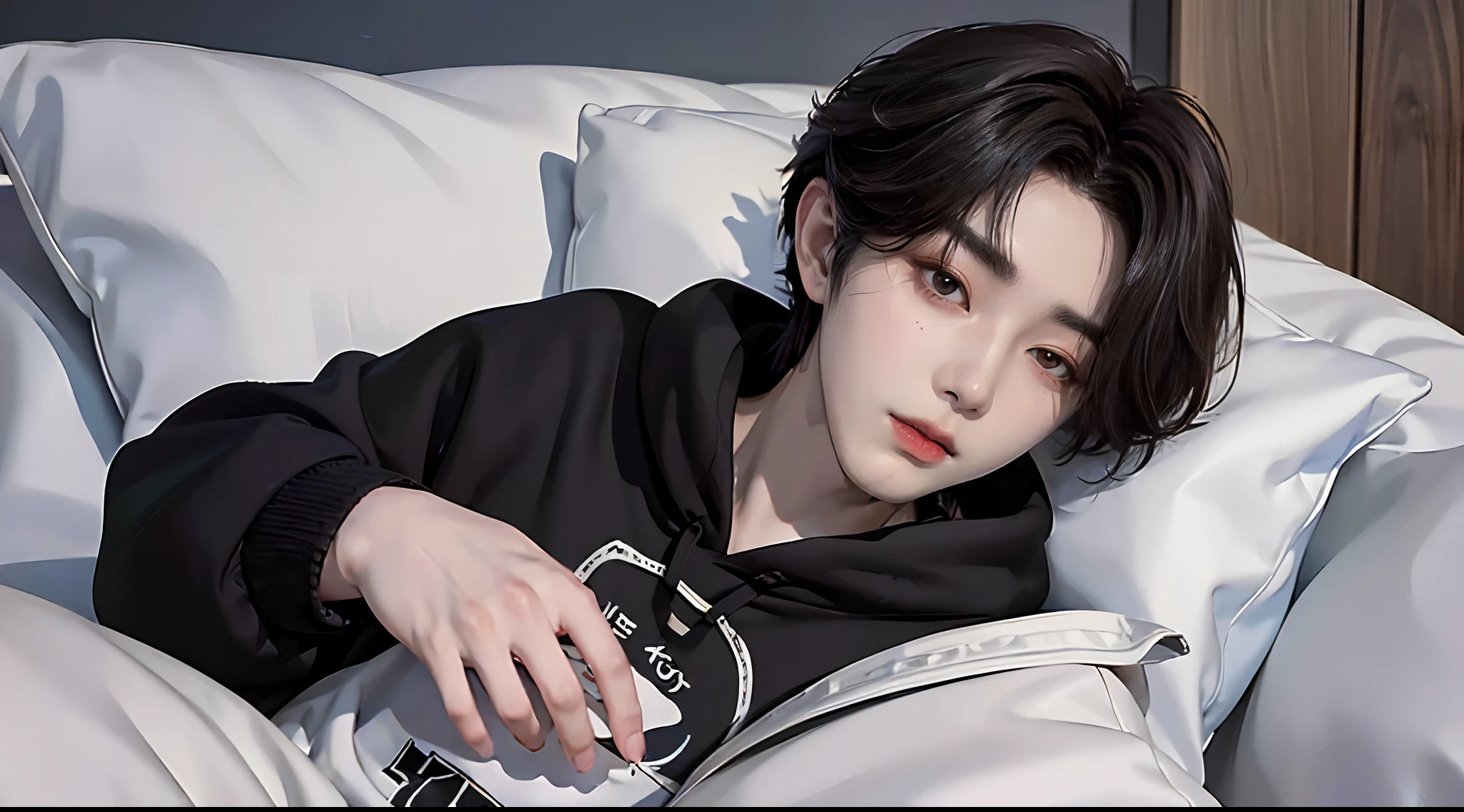 ((4K works))、masterpiece、(top-quality)、((high-level image quality))、((One Manly Boy))、Slim body、((Stylish black hoodie))、(Detailed beautiful eyes)、Stylish bedroom、Selfie with head on pillow、Face similar to Chaewon in Ruseraphim、((short hair above the ears))、((Smaller face))、((Neutral face))、((Light brown eyes))、((Korean boy))、((18year old))、((Handsome man))、((Wild look))、((Korean Makeup))、((elongated and sharp eyes))、((Happy dating))、((Lying on the futon with your head on the pillow))、((Shooting from the side))、((He gives the viewer an arm pillow))、((Only the upper part of the body is visible))、((He sleeps next to the viewer))、(((selfee)))