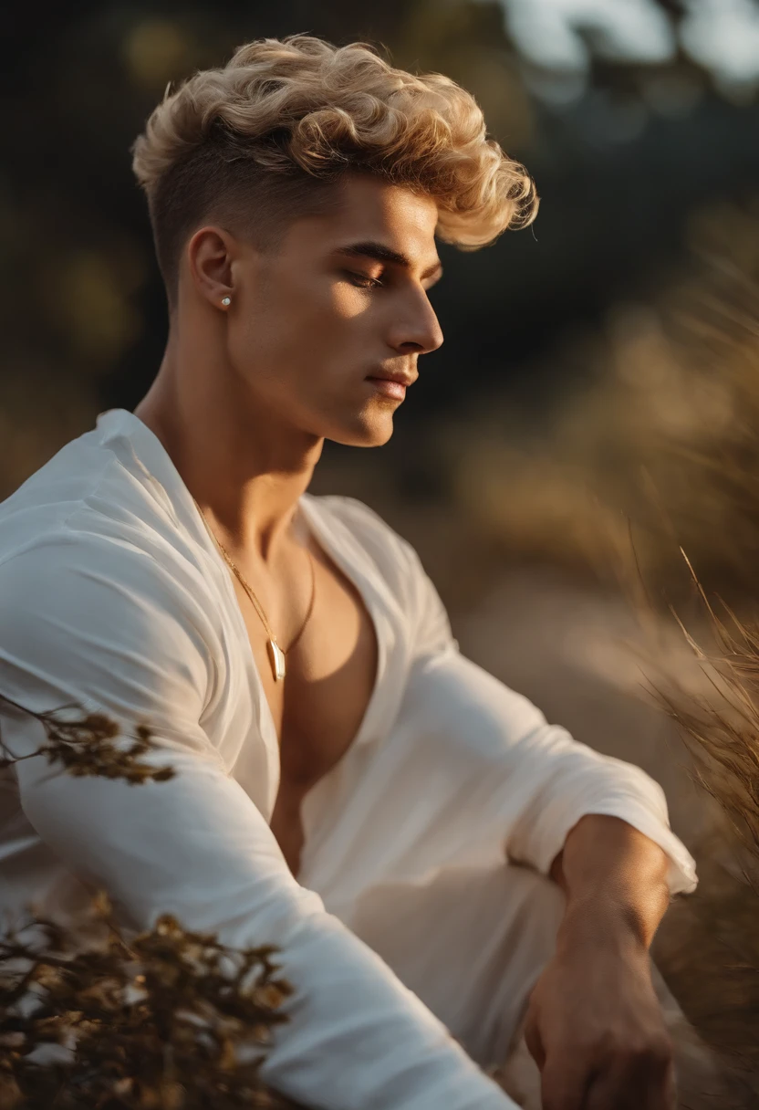 Homem branco jovem forte, com cabelos muito curtos e loiro muito claro dourado. Sem blusa, de corpo inteiro. en boite