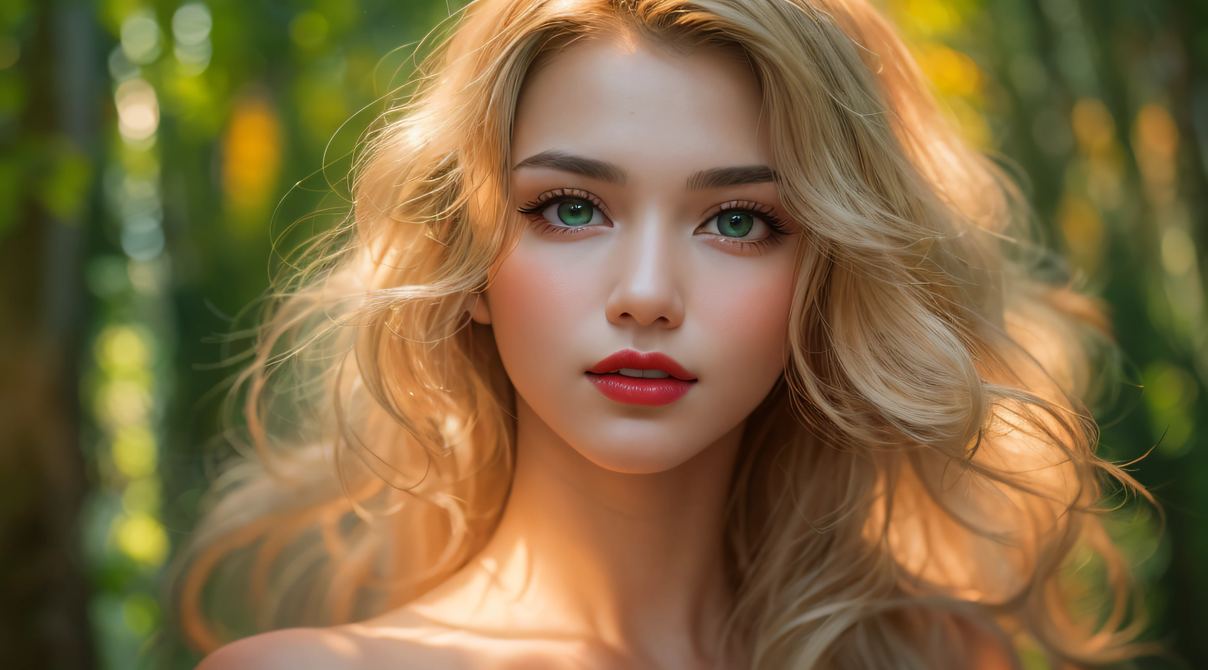 A young and beautiful girl, 20 years old, big breasts, background with forest, look at camera, very detailed long and tight dress, wavy blonde hair， Gently drop to your shoulders in waves, sensual position, Medium Tall, sensual green eyes, with fair skin, She was in a beautiful wood, The environment is illuminated by warm and pleasant lights， Make your hair sparkle, His face was beautiful e naturally sensual, Lips with red lipstick, 8K texture, highly detailed, realistic lying, Soft cinematic light, hdr, sharp focus, masterpiece, Fotor is realistic, Award-winning photography, a Canon EOS R5, 35 mm