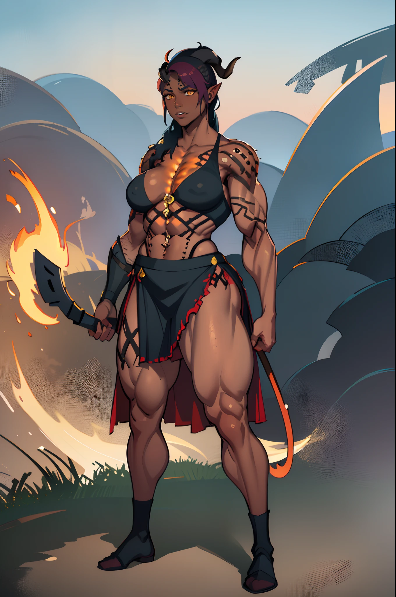 (masterpiece, best quality), outdoors, dark misty burning village, cowboy shot, 1girl, solo, Karlach, demon girl, colored skin, red skin, dark skin, full body, armor, armored pants, holding axe,big breast , skirt, large skirt, long skirt, full body, feet,bloomer