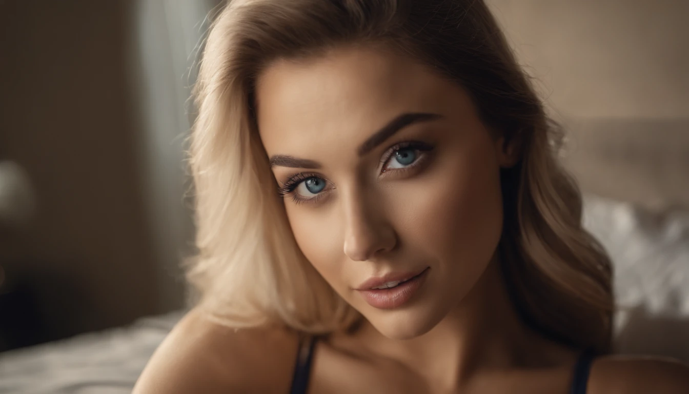 Woman with matching tank top and panties, Sexy girl with blue eyes, portrait sophie mudd, portrait corinna kopf, blonde hair and large eyes, Selfie einer jungen Frau, Augen im club Violet Myers, ohne Make-up, Natural makeup, Blick direkt in die Kamera, Gesicht mit Artgram, dezentes Make-up, Stunning full body shot, im Schlafzimmer, Spaltung