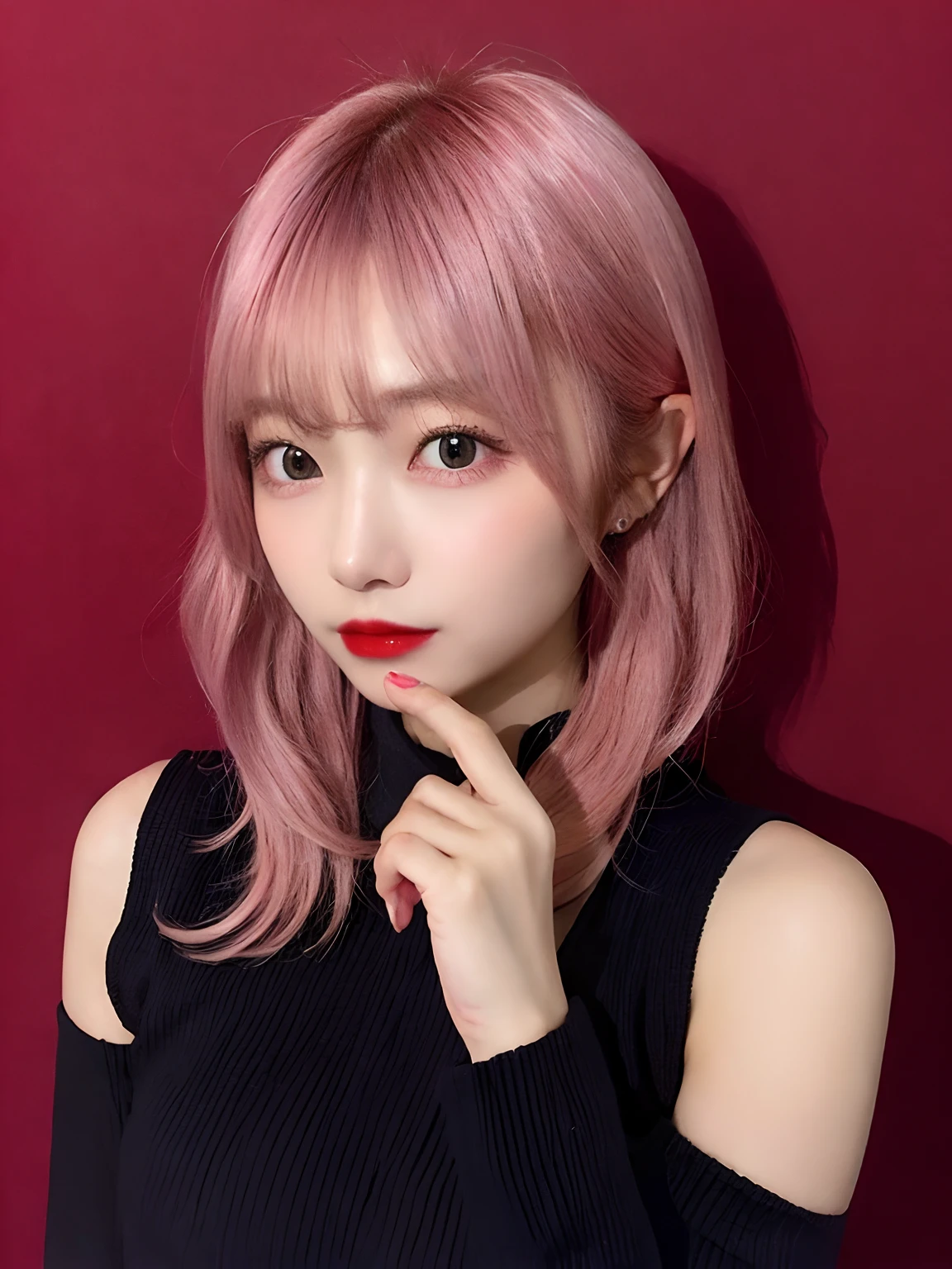 Pink Hair Beauty 20 Years Old I Cup Black Tight Sweater Korean Background Darkness Bright Red Lip Curled Hair