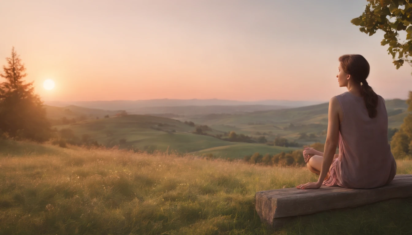 (best quality,8k,highres,masterpiece:1.2),detailed focus,(photorealistic:1.37),a person admiring a serene sunset over a tranquil landscape,transgressive art,Octane rendering,vivid colors,pastel colors
