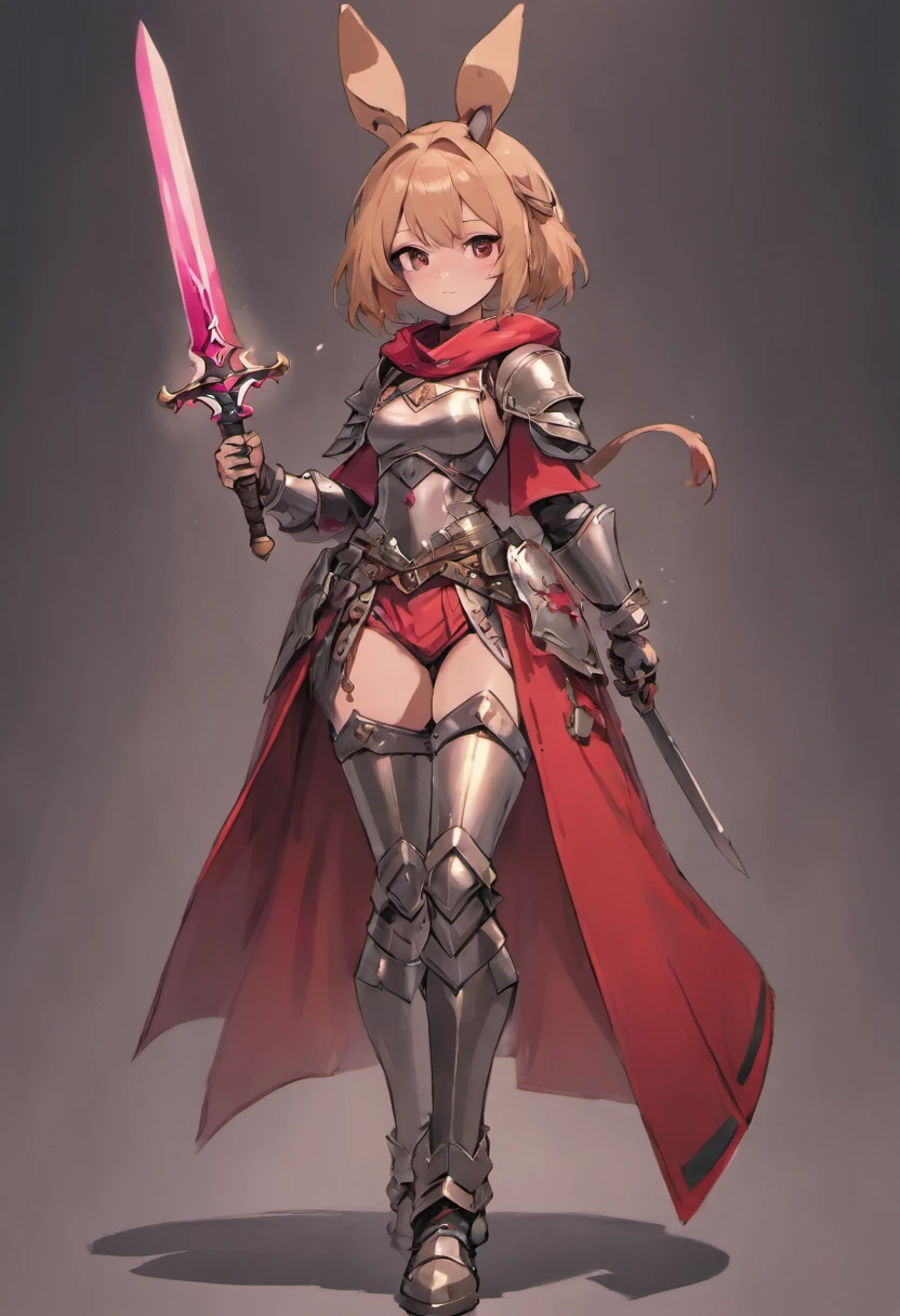 brown skin girl. Her figure, busty, curvy, proper direction, bunny ears, cat tail, short purple hair color, dark magenta eyes, brown skin, sword in hand, large ragged cloth like cape wrapped around waist, chest armor, gauntlet, black long sleeve shirt under armor, chest armor, hoodie, properly drawn sword, longsword, cloth wrapped around her waist, properly drawn sword in hand, cat ears, cat's tail digital painting, digital illustration, extreme detail, digital art, Knight Armor, baggy puffy pants, metal boots, fully armored. cloth wrapped around her waist. Holding a sword in hand.