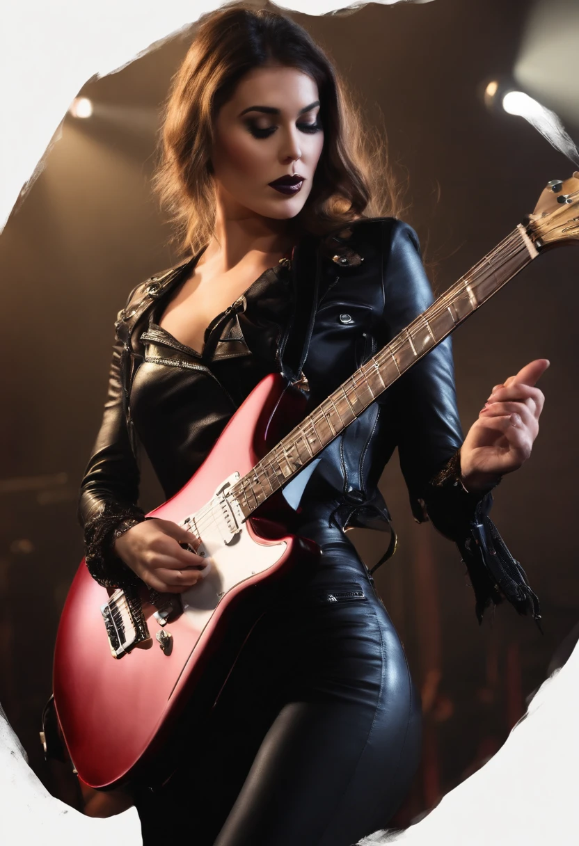 Realista, 4k, Kinematic, una Guitarrista mujer bella y sexy con manos bien definidas, ropa negra sexy, An exceptional electric guitar well done, en la imagen de fondo un concierto de rock (caos), Obra maestra