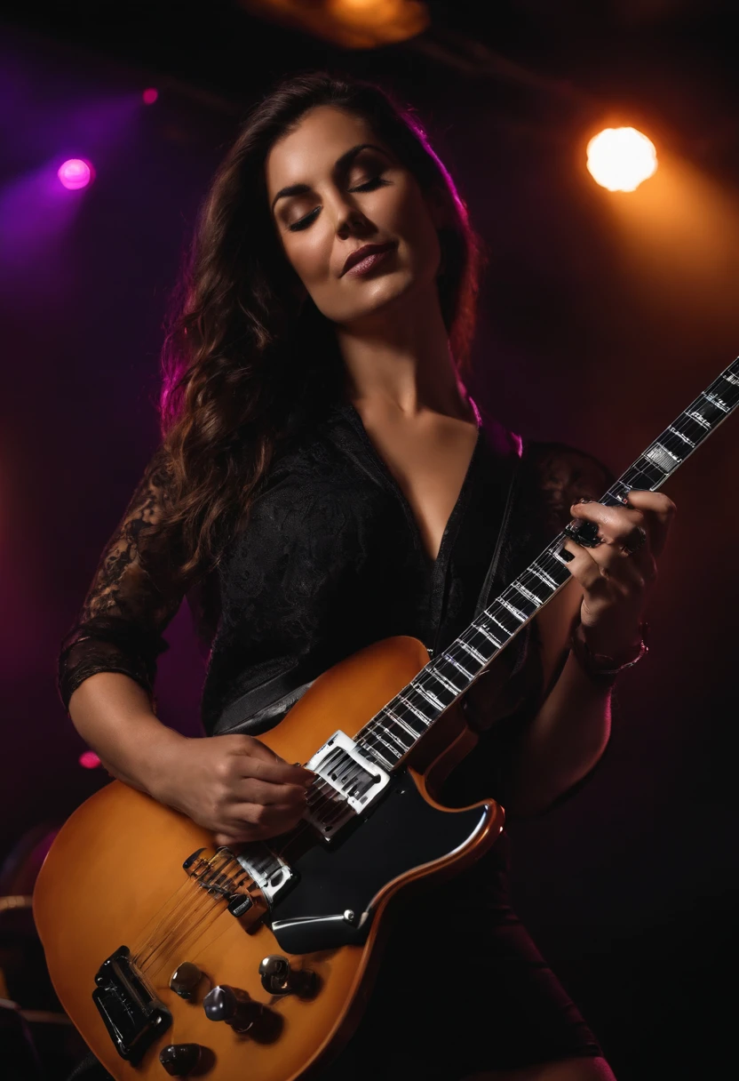 Realista, 4k, Kinematic, una Guitarrista mujer bella y sexy con manos bien definidas, ropa negra sexy, An exceptional electric guitar well done, en la imagen de fondo un concierto de rock (caos), Obra maestra