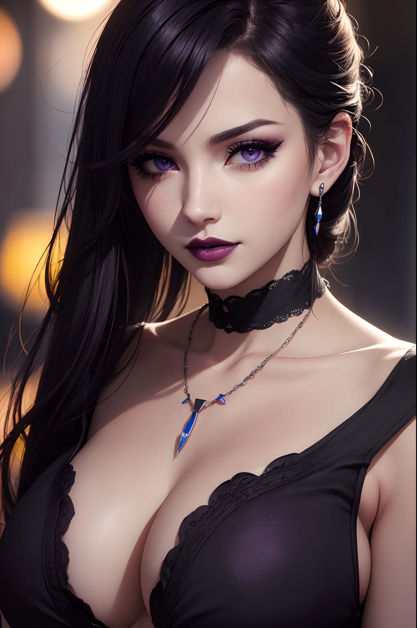 Photograph, Professional full-body, (detailed face and eye:1.4), purple eyes,deep cleavages, colorful, color photography of woman, (dark makeup), necklace, earrings, (dark lipstick), partered lips, sharp focus, focus on face, insanely sharp details, extremely detailed, gigantic breasts in frame, 4K HQ, 8K, depth of field, f/1.2, leica, 8K HDR, High contrast, highly retouch, shadows, bokeh, award winning photography, best photographers.