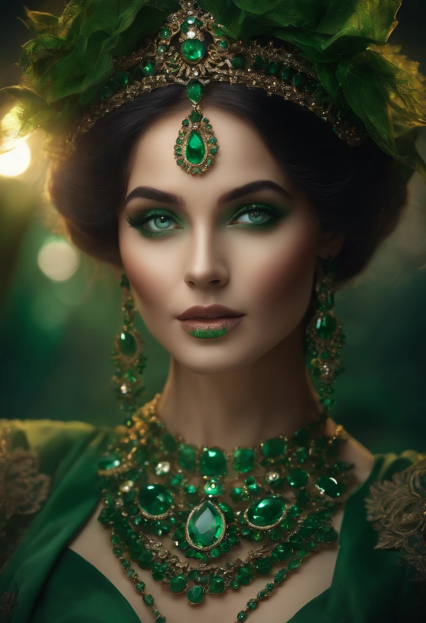 "(best quality,4k,highres,masterpiece:1.2),portrait,emerald lady,beautiful detailed eyes,beautiful detailed lips,glowing green eyes,dark green hair,elaborate jewelry,elegant dress,ethereal,soft lighting,vivid colors"