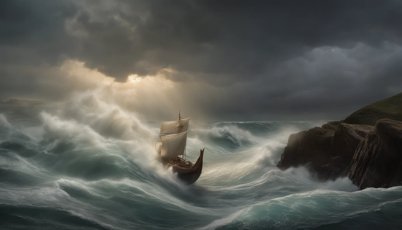 Create an absolutely stunning and ultra-realistic image of Jesus Christ walking miraculously on the turbulent waters of a stormy sea, 16K, Pay meticulous attention to every aspect of this scene. Jesus should be depicted with historical accuracy, wearing the attire of his time, with a flowing robe and sandals. His hair and beard should be rendered with lifelike precision.
The sea should be in a state of turmoil, with towering waves crashing around him. The water should exhibit the utmost realism, capturing the reflections, foam, and the play of light on the surface. The sky should be filled with ominous storm clouds, with lightning streaking through the darkened heavens and torrential rain pouring down. The wind should be whipping through Jesus' robe, adding to the sense of drama.
Despite the chaos of the storm, Jesus' expression should exude calm and divine authority. His feet should appear to touch the water's surface miraculously, with ripples and disturbances around his feet, further emphasizing the supernatural aspect of the scene.
The image should convey a powerful combination of awe, wonder, and spiritual significance. Please ensure that the final image is of the highest quality, with ultra-realistic textures, fine details, and a breathtaking level of realism that captures this miraculous moment in all its glory, 16K