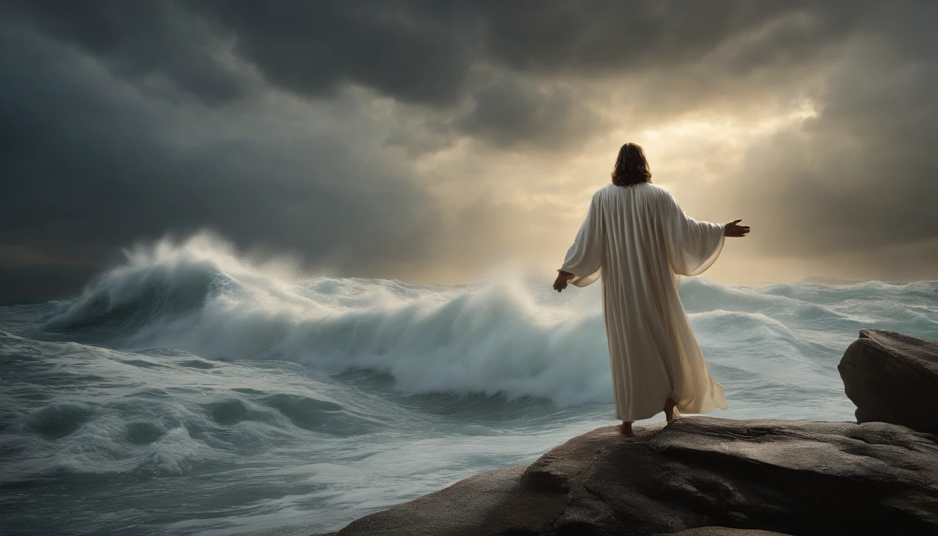 Create an absolutely stunning and ultra-realistic image of Jesus Christ walking miraculously on the turbulent waters of a stormy sea, 16K, Pay meticulous attention to every aspect of this scene. Jesus should be depicted with historical accuracy, wearing the attire of his time, with a flowing robe and sandals. His hair and beard should be rendered with lifelike precision.

The sea should be in a state of turmoil, with towering waves crashing around him. The water should exhibit the utmost realism, capturing the reflections, foam, and the play of light on the surface. The sky should be filled with ominous storm clouds, with lightning streaking through the darkened heavens and torrential rain pouring down. The wind should be whipping through Jesus' robe, adding to the sense of drama.

Despite the chaos of the storm, Jesus' expression should exude calm and divine authority. His feet should appear to touch the water's surface miraculously, with ripples and disturbances around his feet, further emphasizing the supernatural aspect of the scene.

The image should convey a powerful combination of awe, wonder, and spiritual significance. Please ensure that the final image is of the highest quality, with ultra-realistic textures, fine details, and a breathtaking level of realism that captures this miraculous moment in all its glory, 16K