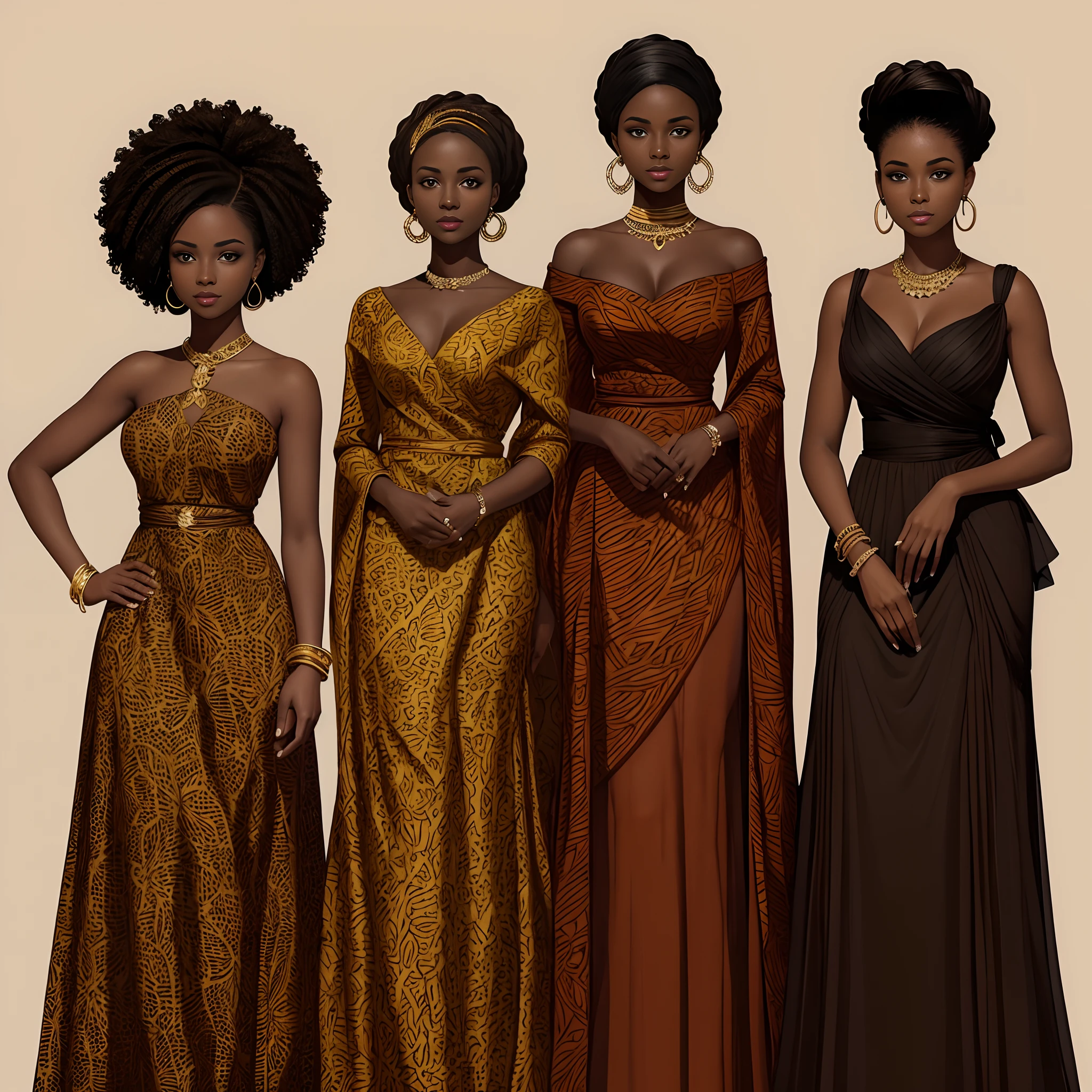 an illustration depicting silhouettes of 3 African women in different dresses and hairstyles, dark-skinned female, jewelry, brown skin, earrings