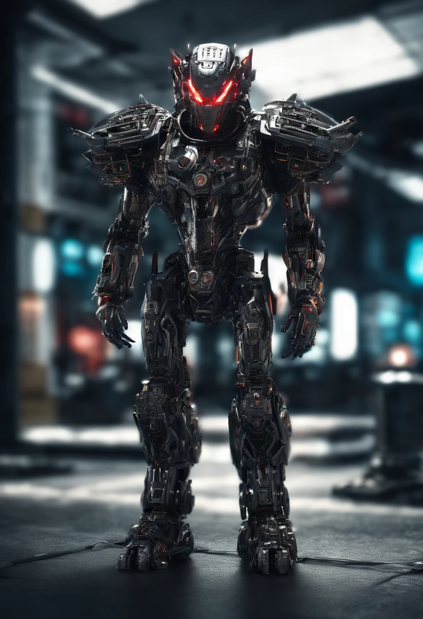maximum quality, Dramatic lighting, menacing pose, fierce expression, epic atmosphere, (((wolf head shaped helmet))), (((full body shot))), a wolf made out of metal, cyborg, cyberpunk style, clockwork, ((intricate details)), hdr, ((intricate details, hyperdetailed)), incandescent lamps, cinematic shot, vignette, bokeh effect beckground, (canines), (full body shot).