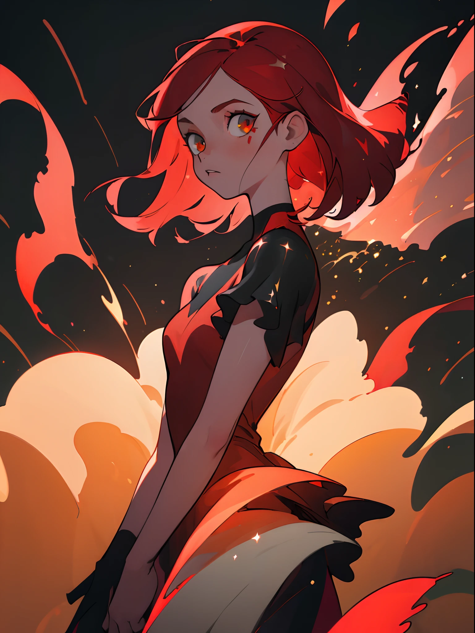 (best quality, masterpiece), 1girl, hell, glitter, dress, particle, wind, fire, upper body, dark simple background, looking at viewer, red hair,