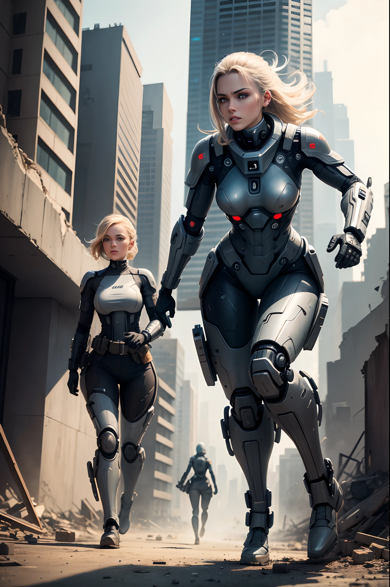 Women Very detailed cybernetic soldier with cannon in hand running at the foot of futuristic building in ruins
