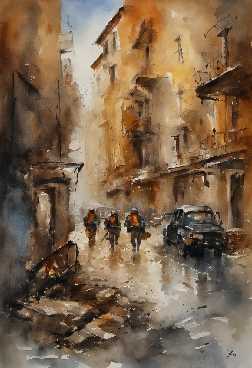 apocalyptic scene,cidade moderna(best quality,4k,alto,master part:1.2),ultra-detalhado,fotorrealista,retrato,pinceladas pesadas,desfoque de movimento em segundo plano,pessoas vestidas com trajes casuais e mochilas,are together helping each other,movimentos curvos do corpo,dynamic and energetic scene,obras de arte abstrata.