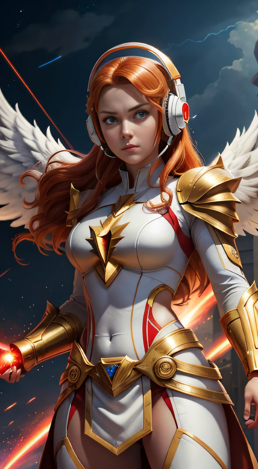deusa Atena,There are red lightning bolts in the sky,God Fighter,Golden ratio figure,The background is a beautiful palace,Laser gun in hand,Domineering look,White armor,Not wearing a helmet,Large white wings,Ultra-fine face,Wear white diamond headphones,The headphones shine