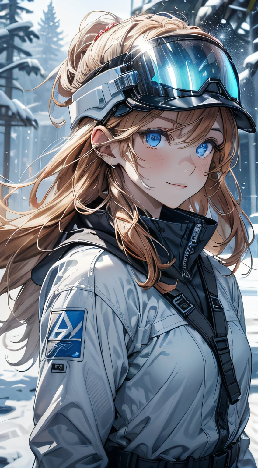 a close up of a woman with ski helment, ((the helmet has a visor)), the helmet is colorful, the woman is using white clothes, she has ginger hair, she has blue eyes, is outside, is snowing, there is trees in the background, she is smilling, she has an beautiful hair, the temperature is cold, the image transmit a happy feeling, an adventure spirit, snow flokes, wind, (glowing eyes), perfect light, dramatic light, perfect face, expressive eyes, ultrarealistic, masterepiece, award winner image, best quality