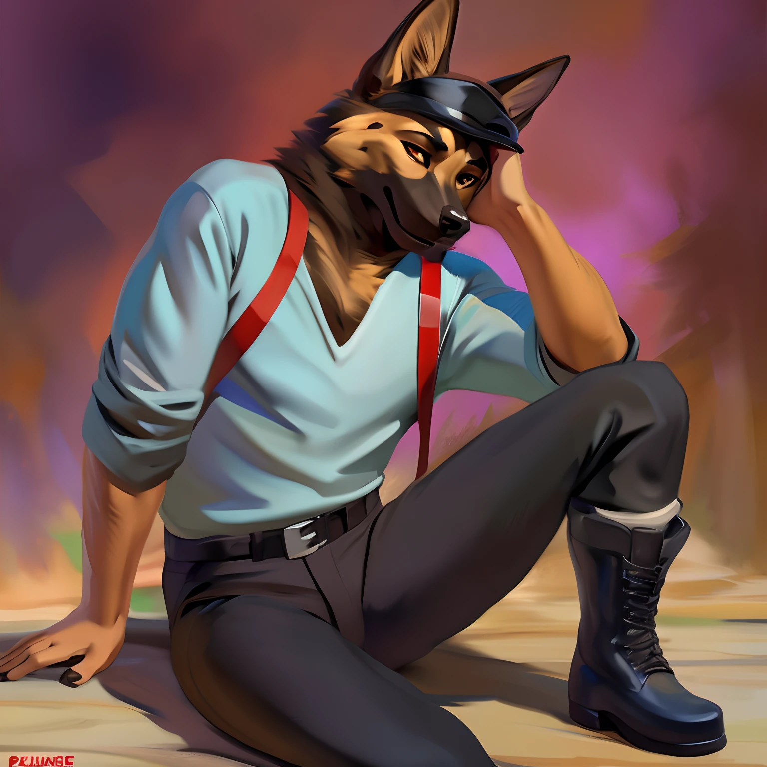 Anthropomorphic German shepherd chunie style with a slender body full of loose brown fur and with some dark brown fur markings, con orejas en punta y un hocico pronunciado, iris de los ojos de diferentes colores (izquierdo azul fuerte y derecho naranja) with a long-sleeved shirt without any totally black drawing as well as long black pants and black military boots.