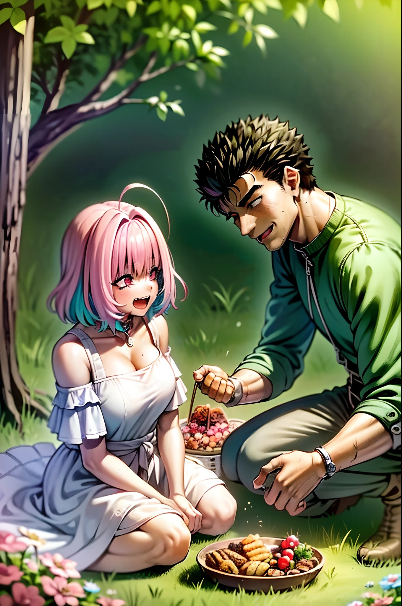 (a happy family in a picnic garden),(riamu as a motherly figure),(riamu and her husband spending quality time),(a couple enjoying the outdoors),(riamu's children playing and having fun),(guts as a loving and caring father),(a loving husband and wife),(riamu and her son sharing a joyful bond),(a happy and harmonious family),(the joyful laughter of children),(the warmth of family bonds),(a picturesque garden scene),(the vibrant colors of nature),(the soft sunlight filtering through the trees),(a peaceful and serene atmosphere),(guts and riamu surrounded by blooming flowers),(the scent of freshly cut grass),(a delicious picnic spread with a variety of food),(the sound of birds chirping),(the feeling of grass beneath their feet),(the love and happiness radiating from the family),(a moment of pure joy and togetherness),(a snapshot of a perfect family outing),(a memory to be cherished forever)