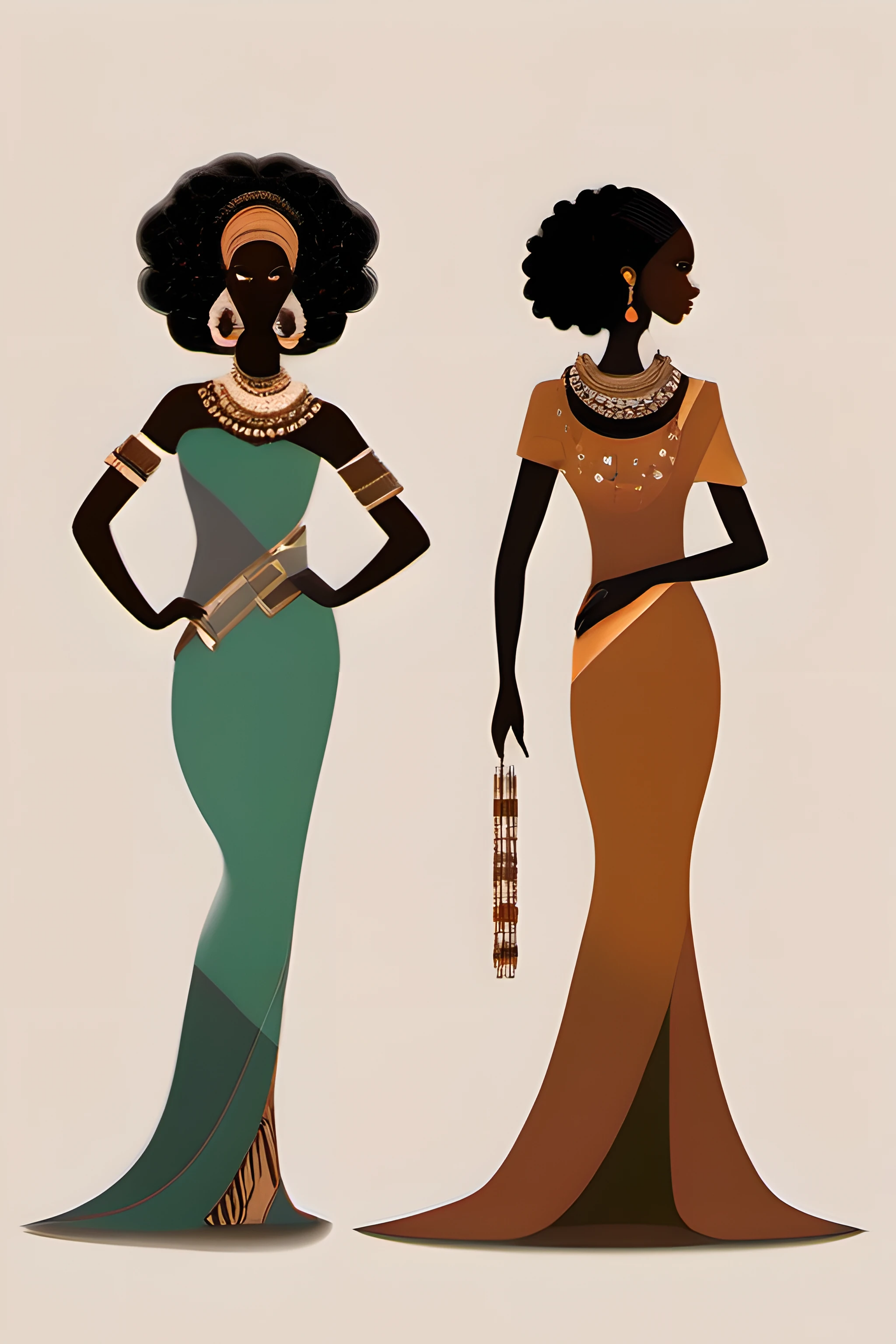 an illustration depicting silhouettes of 3 African women in different dresses and hairstyles, dark-skinned female, jewelry, brown skin, earrings