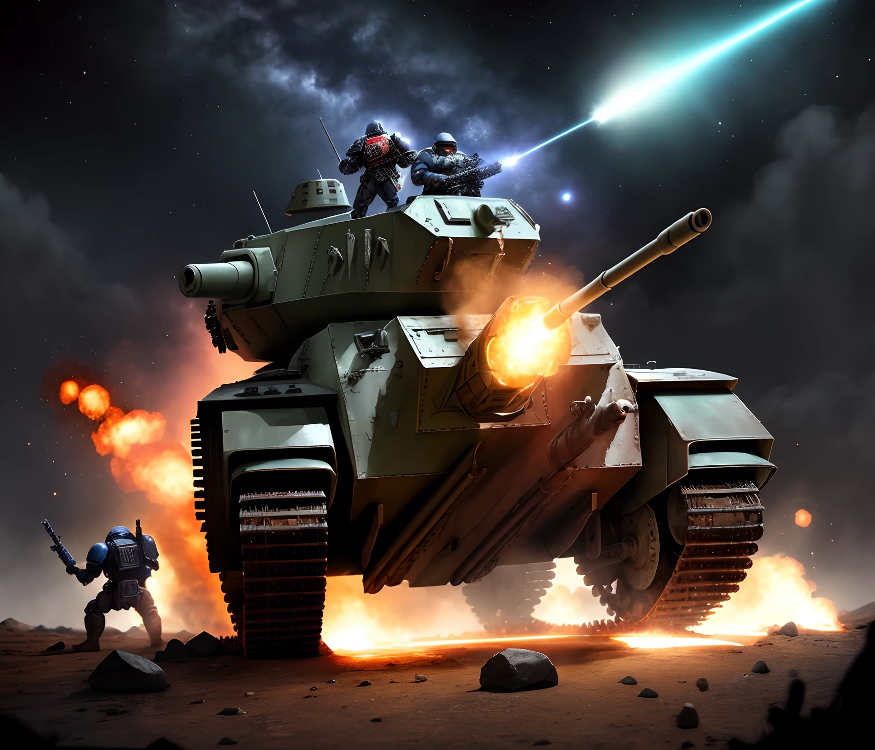 Grimdark battlefield, space marine, battle tank, laser fire