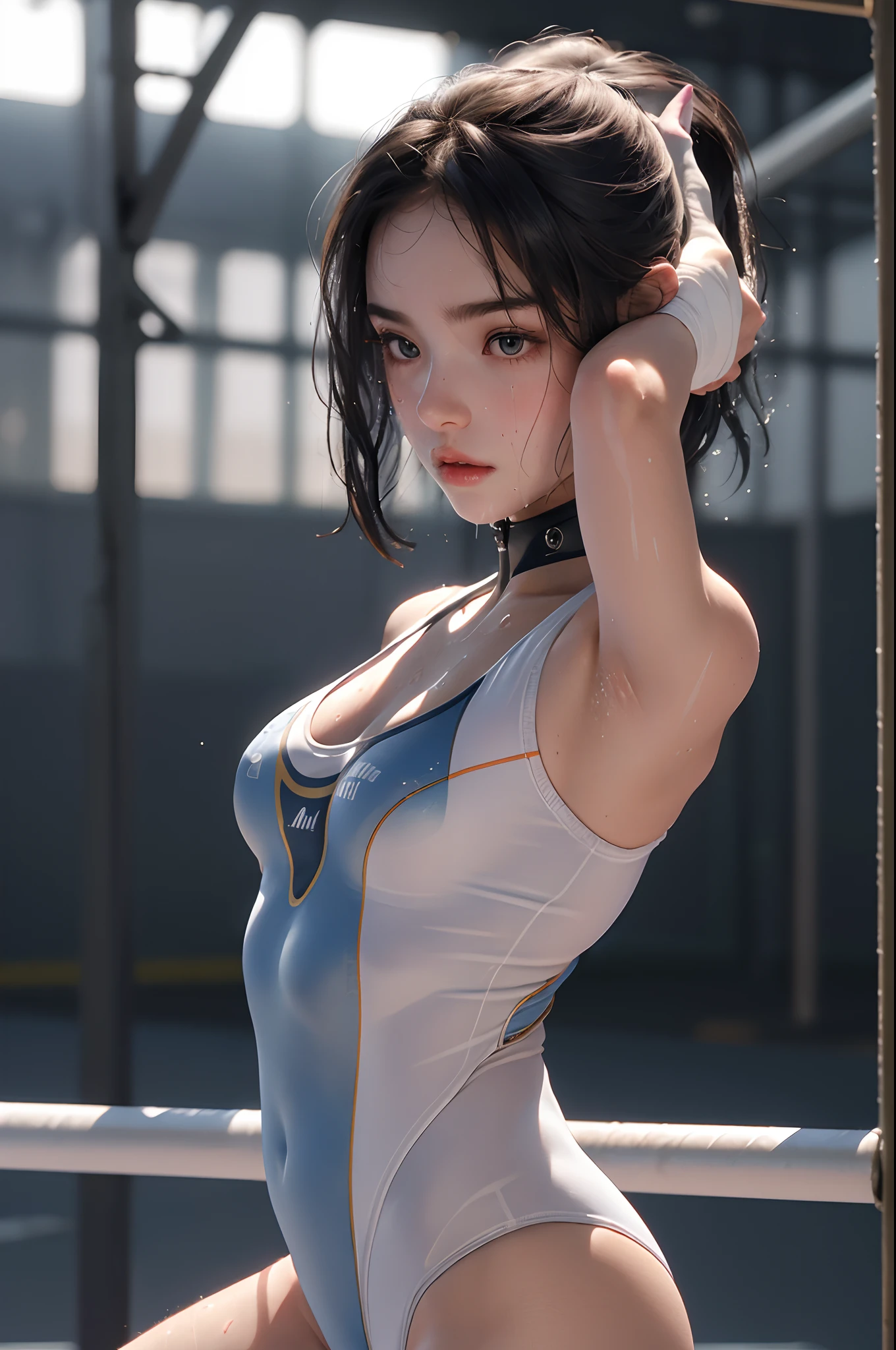 (Best Quality,8K,hight resolution,masuter piece:1.2),Ultra-detailed,Realistic:1.37,Portrait,Female gymnasts,age girl,small head,Cute,Sporty,Charming face,Detailed beauty face,Very realistic skin,Wet skin,Sweat,Large breasts,Narrow waist,nice legs ,Sporty,Gymnastics venue,Cinematic lighting,