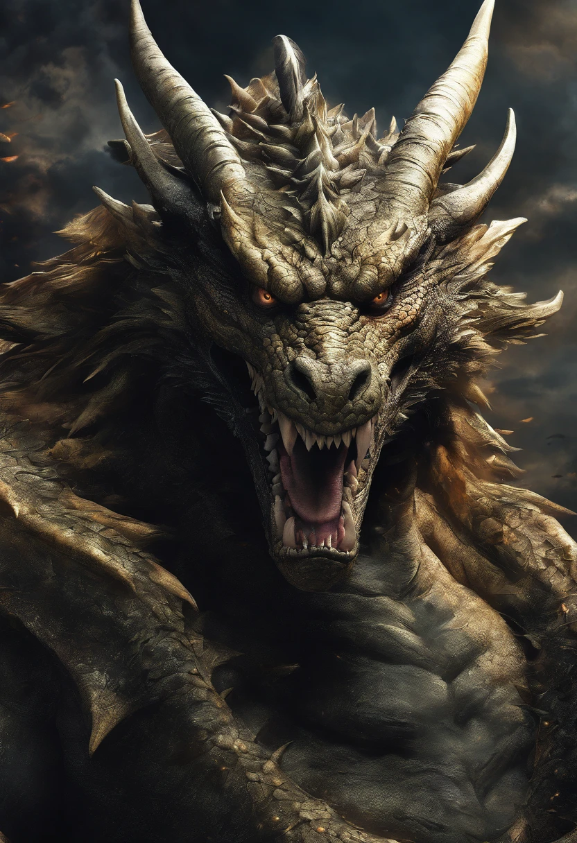 Masterpiece, Best quality, High quality, dragon japonais, digital art, magique, mystique, ethereal, Style unique, highly textured, intricate high detail, Bright deep black, pose dynamique, yeux jaunes, ciel orageux