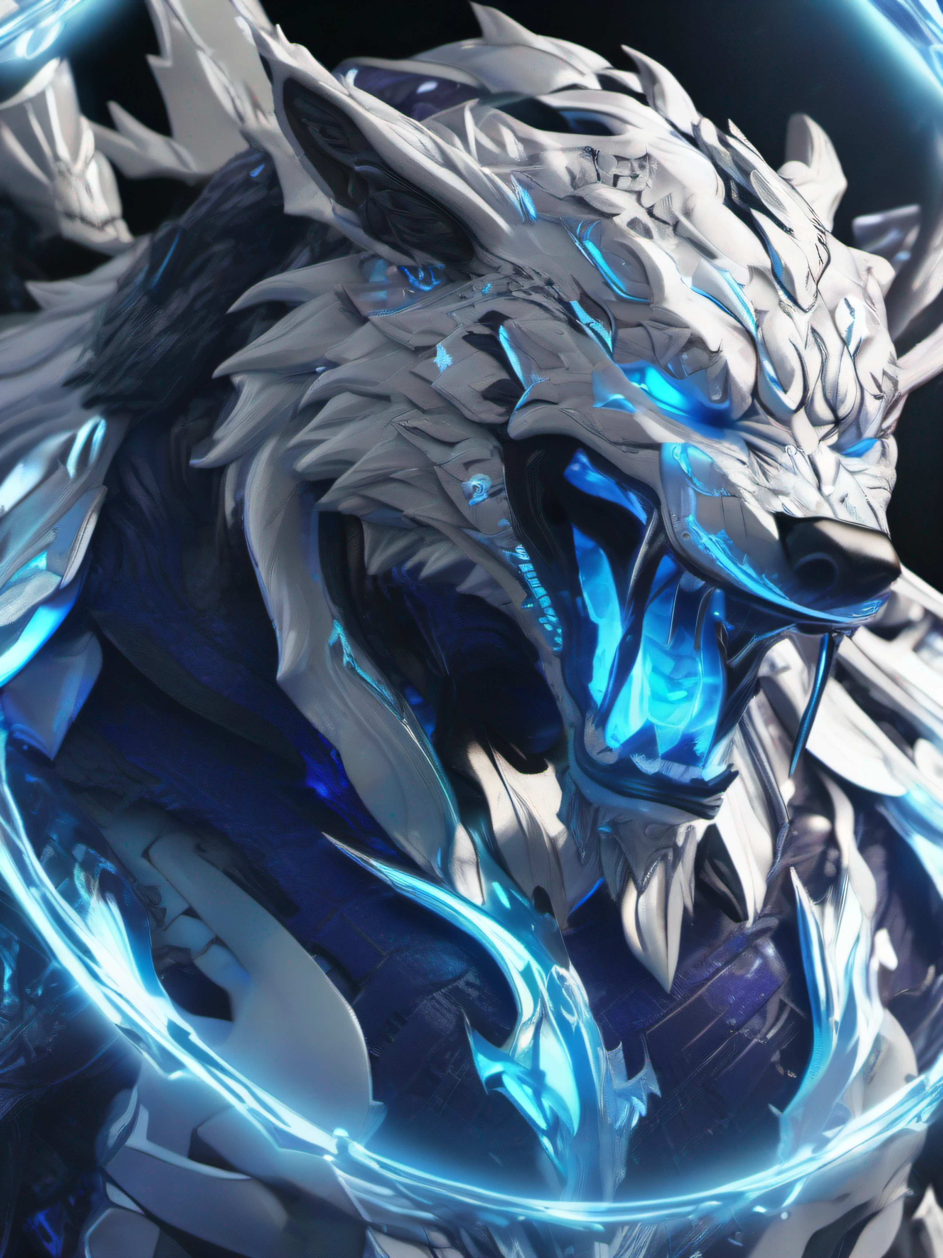 Grendel in 8k solo leveling shadow artstyle , ice white bear them, blue neon effect, full body, apocalypse, intricate details, highly detailed, high details, detailed portrait, masterpiece, ultra detailed, ultra quality