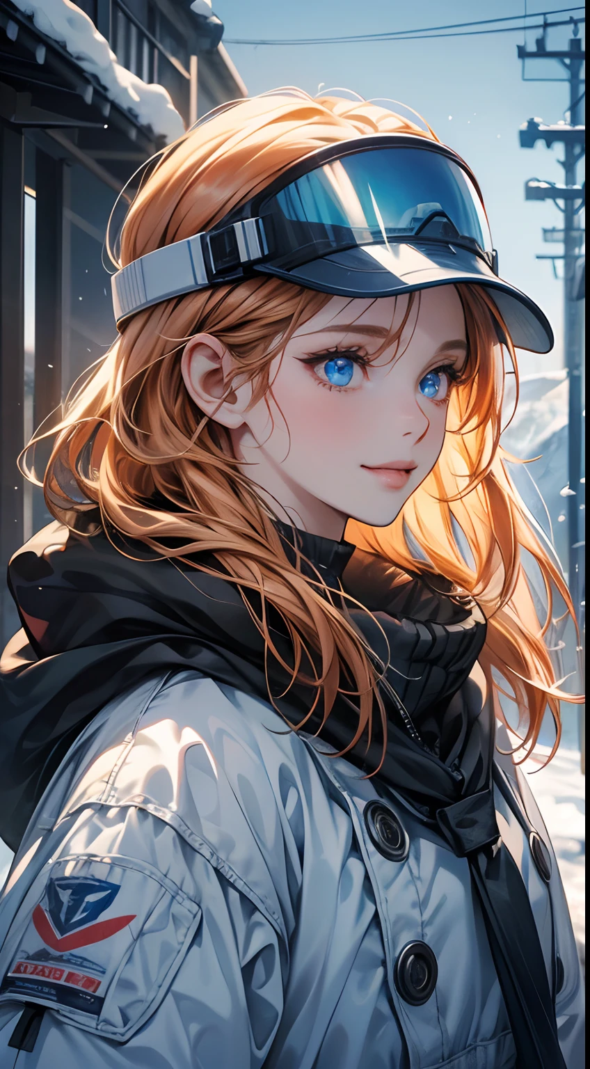 a close up of a woman with ski helment, ((the helmet has a visor)), the helmet is colorful, the woman is using white clothes, she has ginger hair, she has blue eyes, is outside, is snowing, there is trees in the background, she is smilling, she has an beautiful hair, the temperature is cold, the image transmit a happy feeling, an adventure spirit, snow flokes, wind, (glowing eyes), perfect light, dramatic light, perfect face, expressive eyes, ultrarealistic, masterepiece, award winner image, best quality