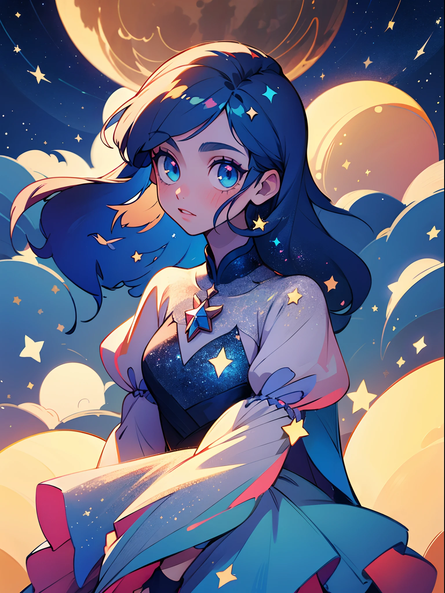 (best quality, masterpiece), 1girl, moon , glitter, dress, particle, stars, upper body, looking at viewer, blue long hair