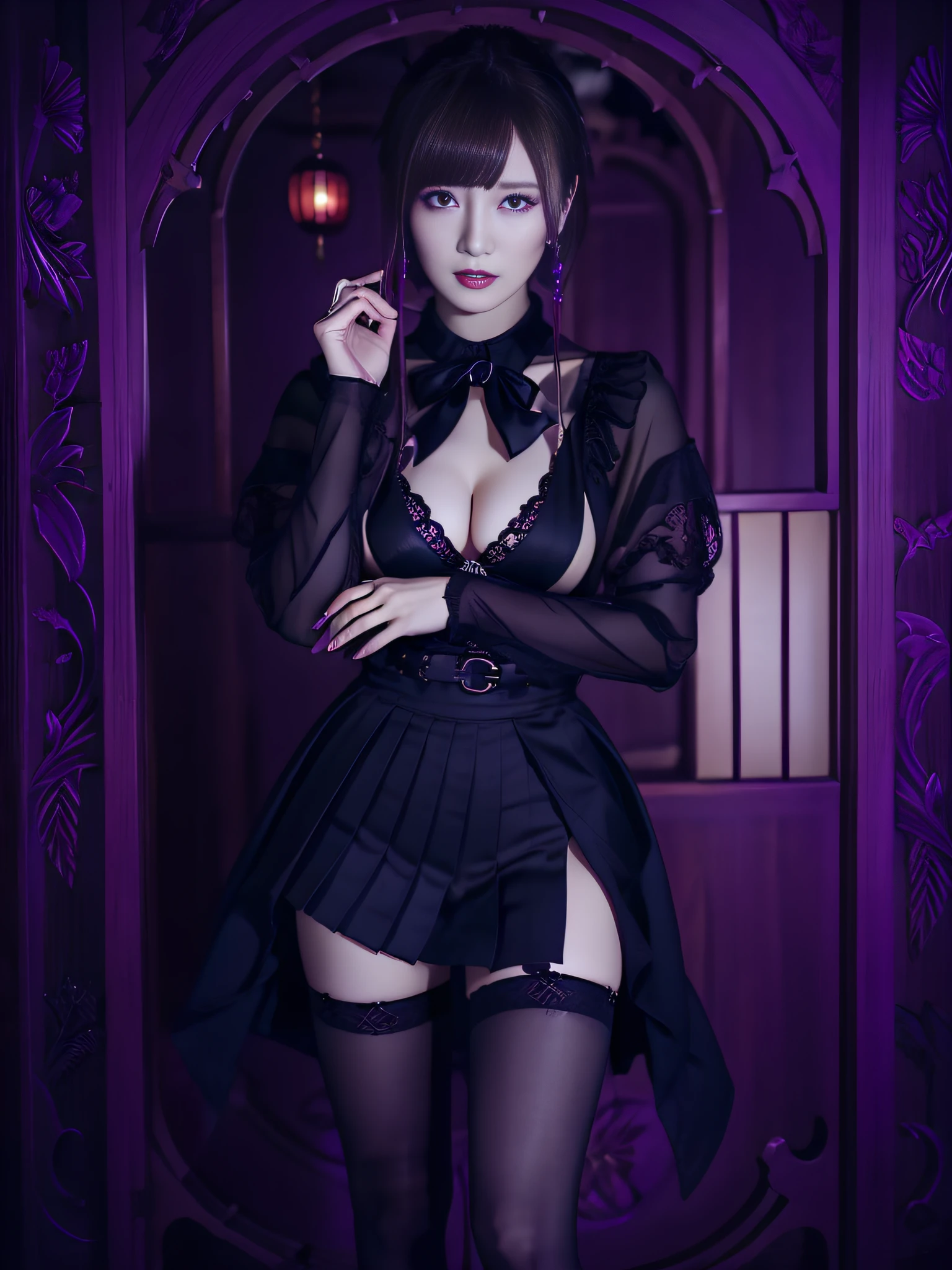 Charming Japanese style beauty、Evil Female Executive、Night city、Move ki、The Darkness、seductiv、brainwashed、remodel、Evil Fall、wicked、darkness、Purple Eyeshadow、black pantyhose、Black pleated skirt、Dark