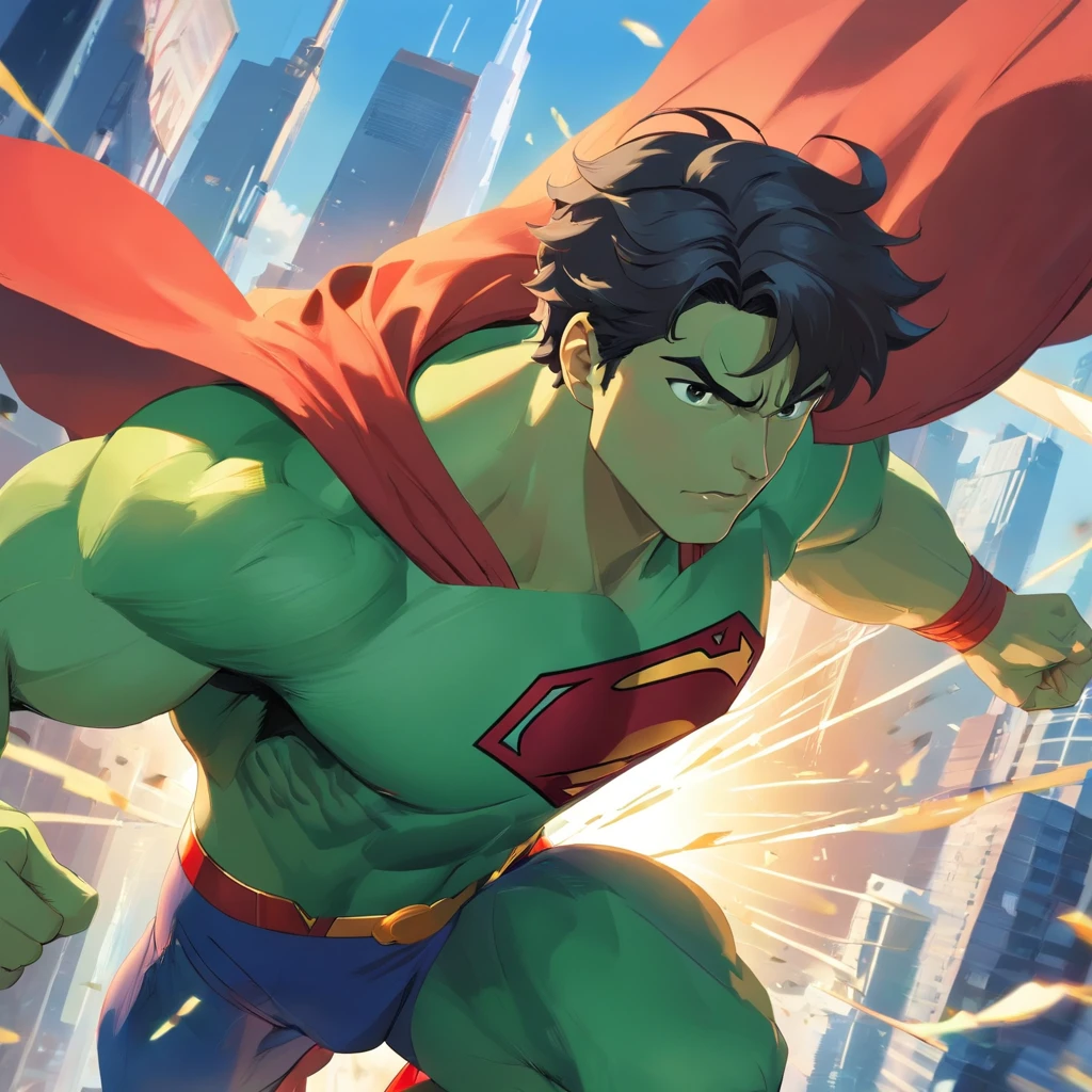 un arte perfecto de Superman apostando con el personaje Hulk de Marvel, Expresiones serias, Well-defined muscles, sombras realistas, Incredible details, Manos perfectas.
