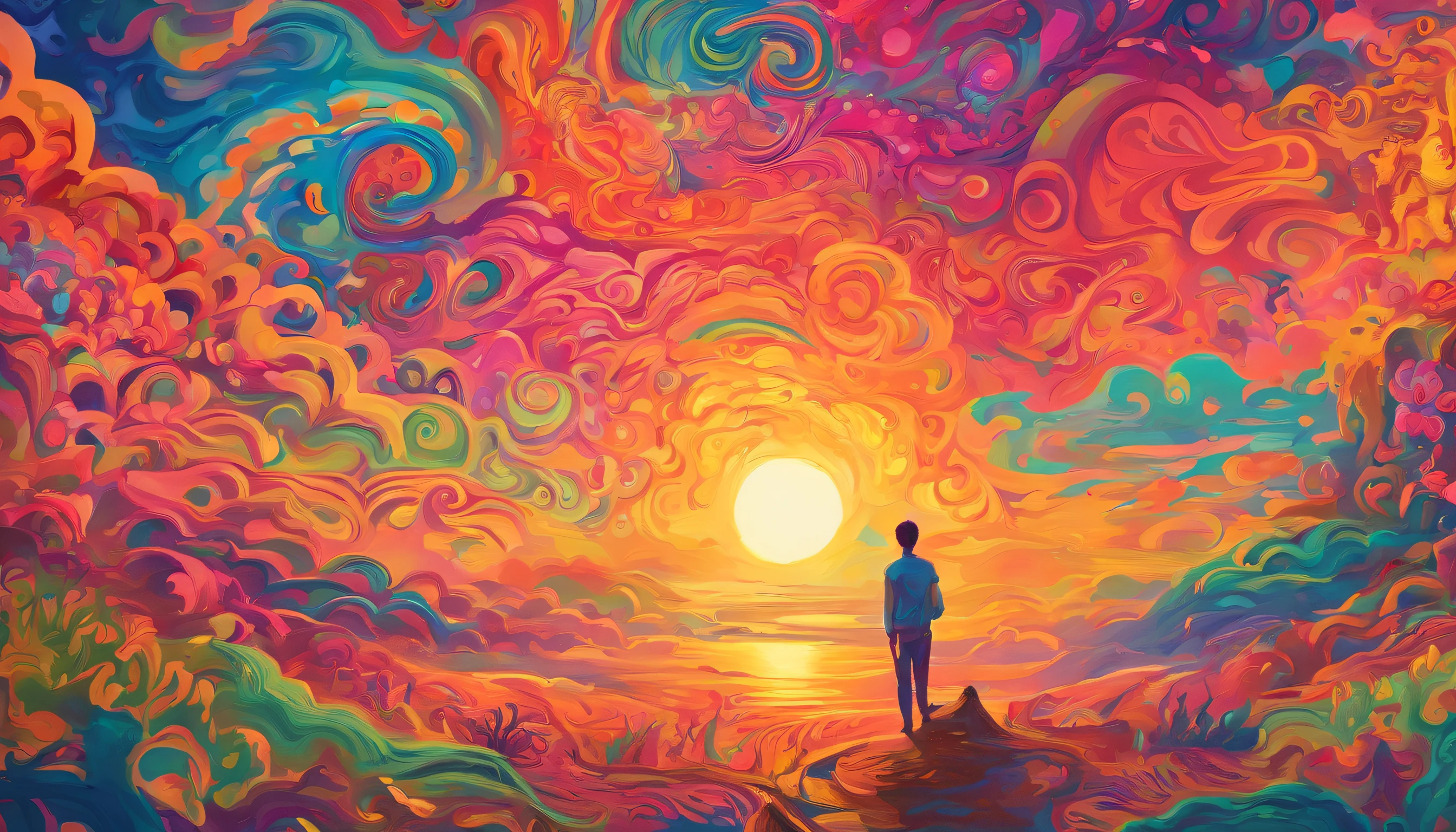 A person on his back admiring the tranquil sunset over a serene landscape , arte transgressora, foco nítido, 8 mil, octan render , cores saturadas, pastels colors