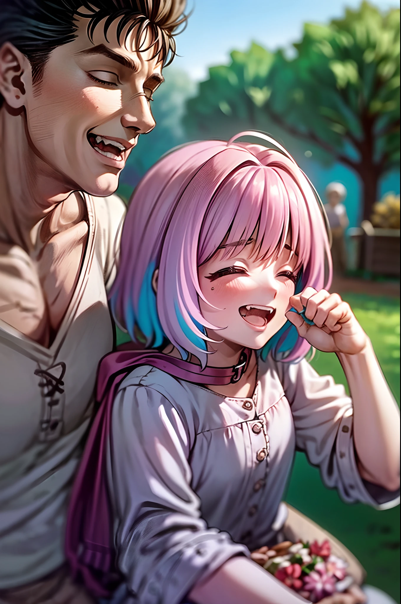 (a happy family in a picnic garden),(riamu as a motherly figure),(riamu and her husband spending quality time),(a couple enjoying the outdoors),(riamu's children playing and having fun),(guts as a loving and caring father),(a loving husband and wife),(riamu and her son sharing a joyful bond),(a happy and harmonious family),(the joyful laughter of children),(the warmth of family bonds),(a picturesque garden scene),(the vibrant colors of nature),(the soft sunlight filtering through the trees),(a peaceful and serene atmosphere),(guts and riamu surrounded by blooming flowers),(the scent of freshly cut grass),(a delicious picnic spread with a variety of food),(the sound of birds chirping),(the feeling of grass beneath their feet),(the love and happiness radiating from the family),(a moment of pure joy and togetherness),(a snapshot of a perfect family outing),(a memory to be cherished forever)