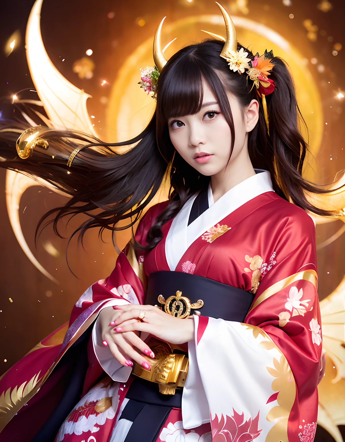 (SeaArt creates stunning illustrations of beautiful women in kimono)、Vividly colored Japanese Ukiyo-e style illustrations、A beautiful woman smiles and shows her upper white teeth、Brown-black long hair、Beautiful full body style、If you want to dance, let's dance, Tokyo Ondo, Yoi Yoi、Beautiful new digital paintings,、Bright vibrant digital anime art、 Beautiful anime portraits、background,Torii gate front of Japanese shrine、 Detailed digital anime art、