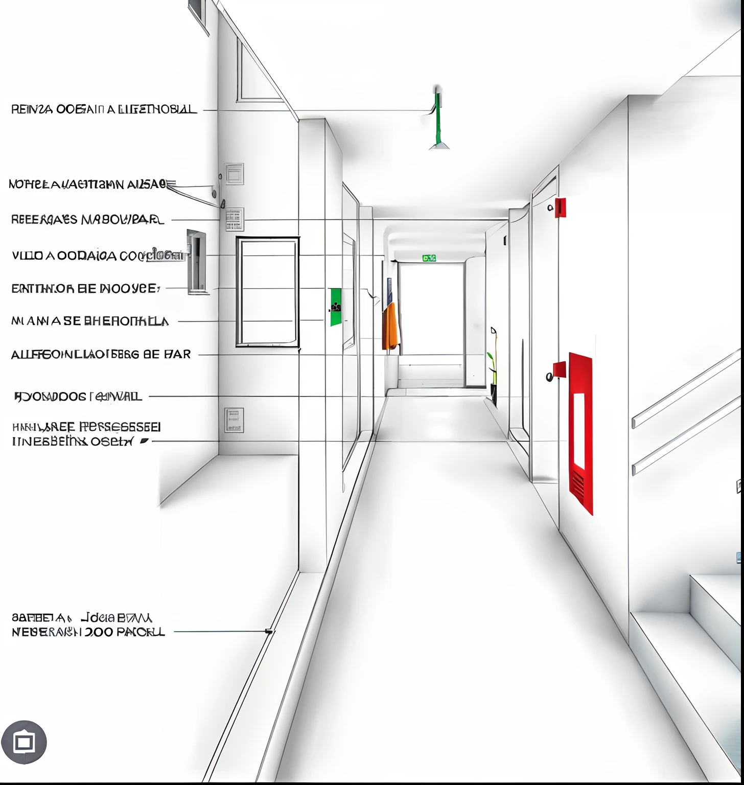 a closeup of a drawing of a hallway with a fire extinguisher, by João Artur da Silva, description, conceitual, by Antonio Parreiras, architectural illustration, by Almeida Júnior, isometric perspective view, indoor liminal space, Directed by: Willian Murai, Directed by: Xavier Blum Pinto, portal
